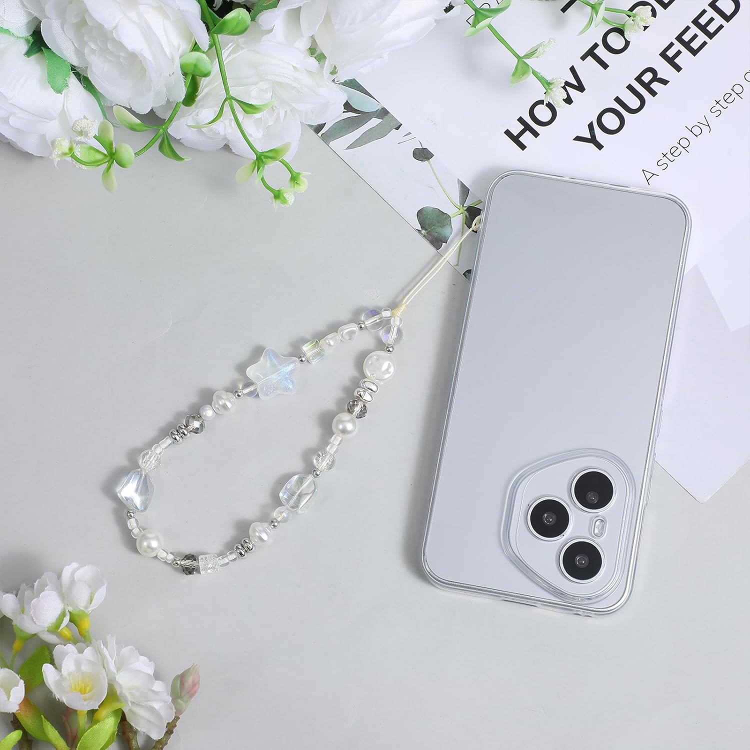 Beaded Camera Strap Wrist Cute Glass Beads Star Digital Phone Wrist Charms, Y2k Style Pearl Camera Charm Strap for Phone Case Bag Keychain Wallet Silver-White