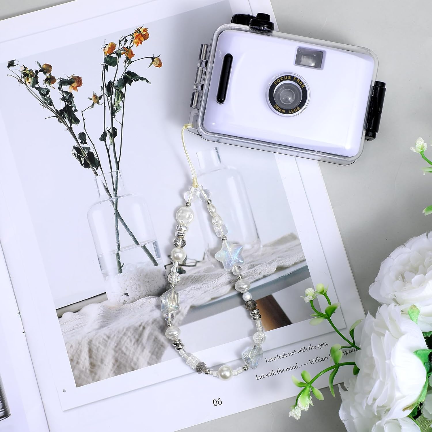 Beaded Camera Strap Wrist Cute Glass Beads Star Digital Phone Wrist Charms, Y2k Style Pearl Camera Charm Strap for Phone Case Bag Keychain Wallet Silver-White