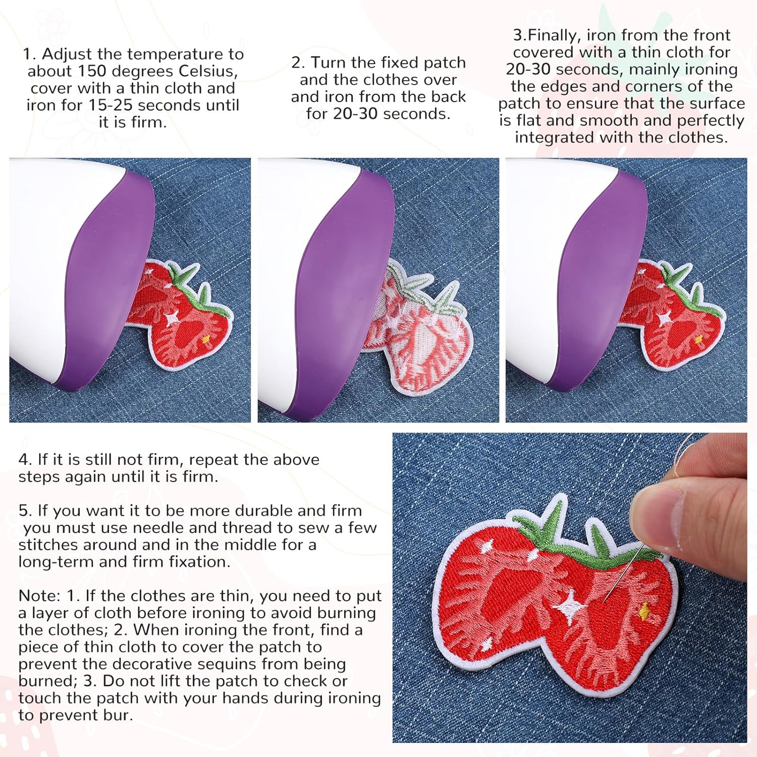 12PCS Strawberry Iron on Patches,Cute Patches Iron on Fruit Bow Embroidered Patch for Clothing Backpack Hat Bags