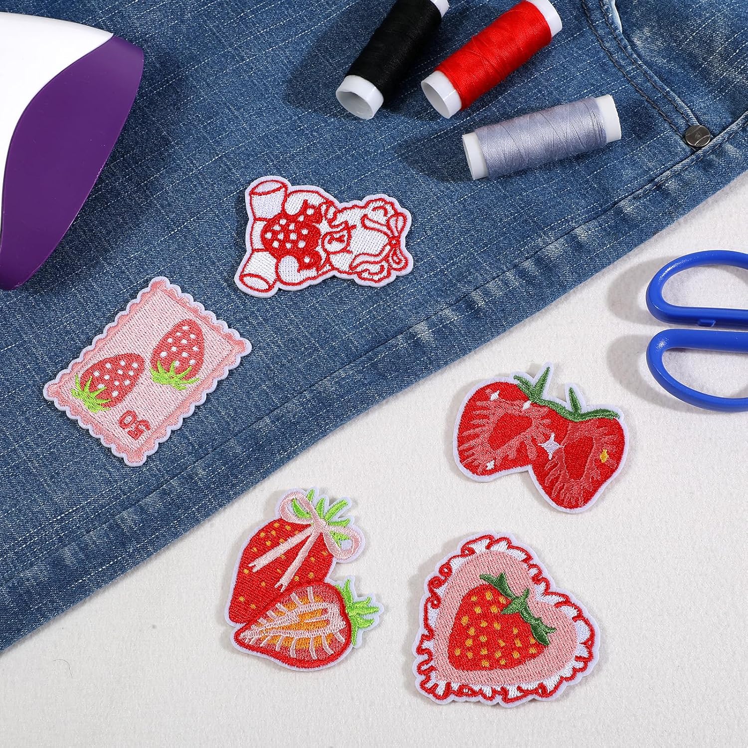 12PCS Strawberry Iron on Patches,Cute Patches Iron on Fruit Bow Embroidered Patch for Clothing Backpack Hat Bags
