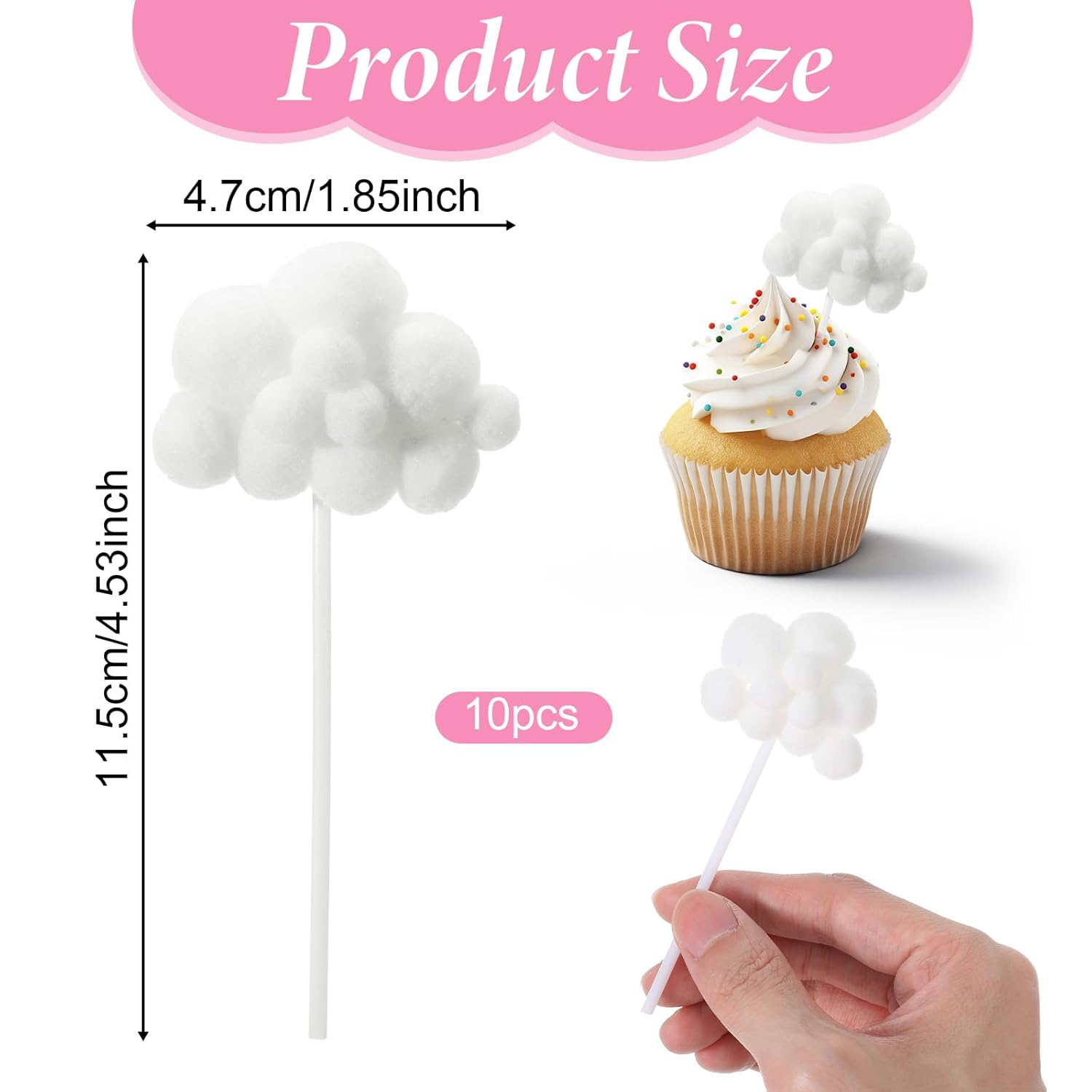 Shimmeroo 10Pcs Cupcake Cloud Decorations, Plush Cute Cloud Decorations Dessert Picks Toppers Yarn Ball Cake Picks for Baby Shower Birthday Wedding Party Supplies White