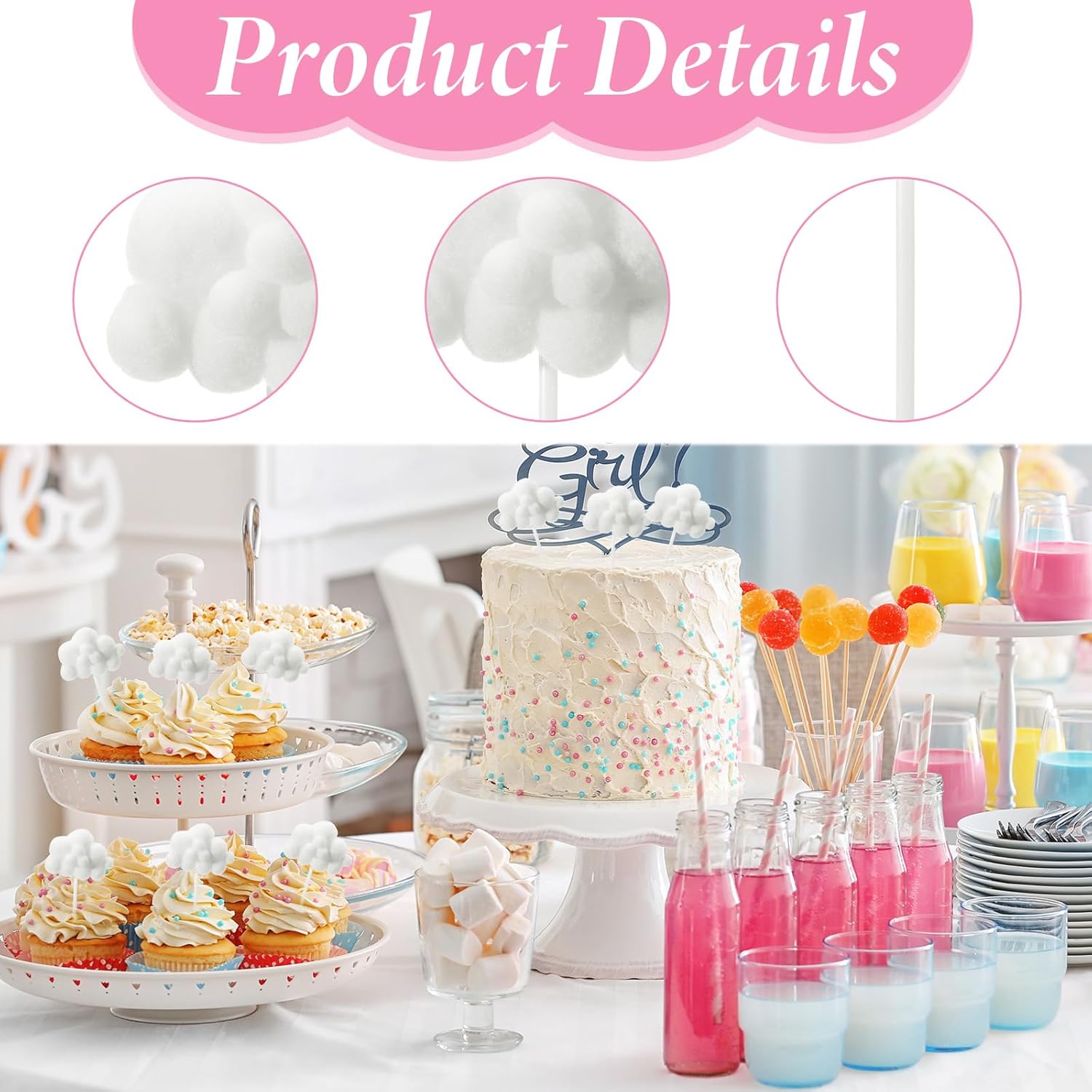 Shimmeroo 10Pcs Cupcake Cloud Decorations, Plush Cute Cloud Decorations Dessert Picks Toppers Yarn Ball Cake Picks for Baby Shower Birthday Wedding Party Supplies White