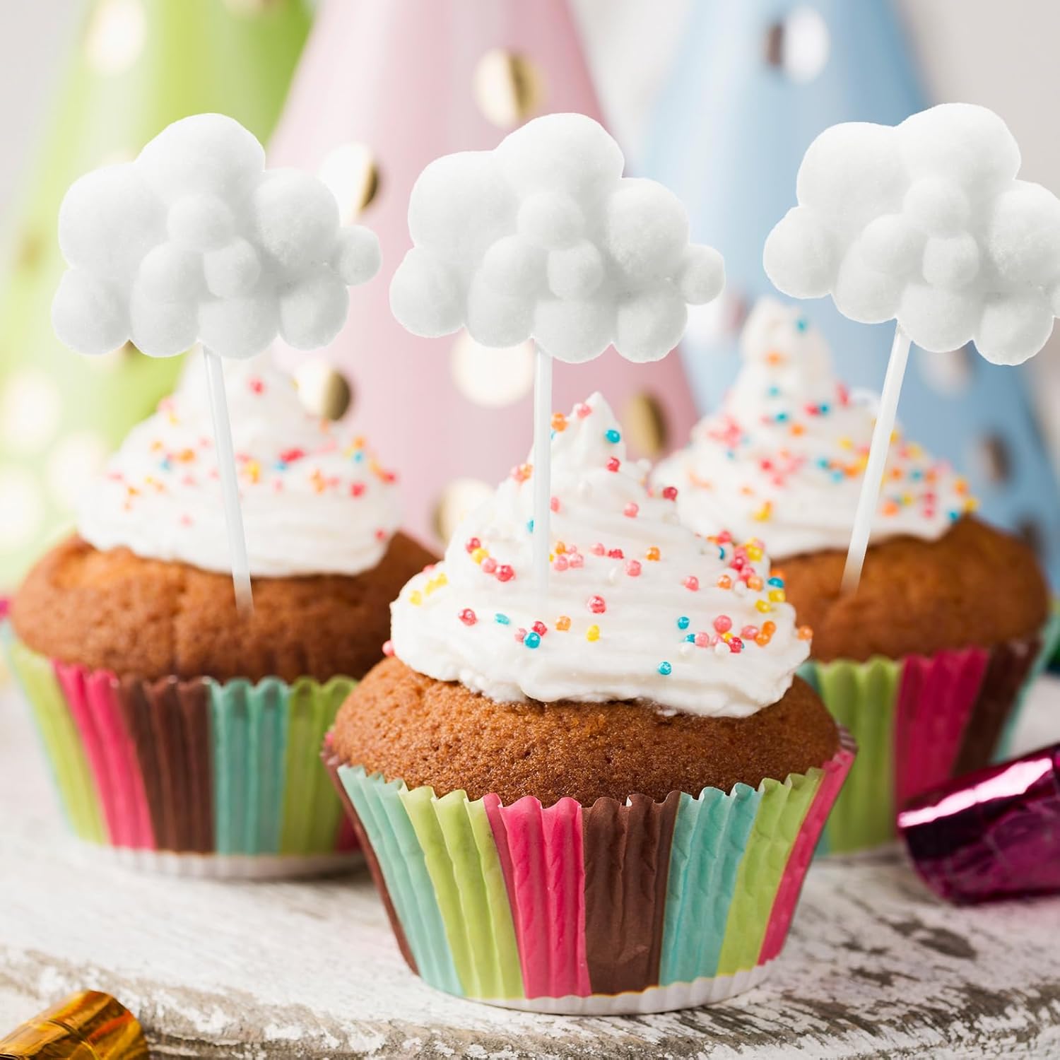 Shimmeroo 10Pcs Cupcake Cloud Decorations, Plush Cute Cloud Decorations Dessert Picks Toppers Yarn Ball Cake Picks for Baby Shower Birthday Wedding Party Supplies White