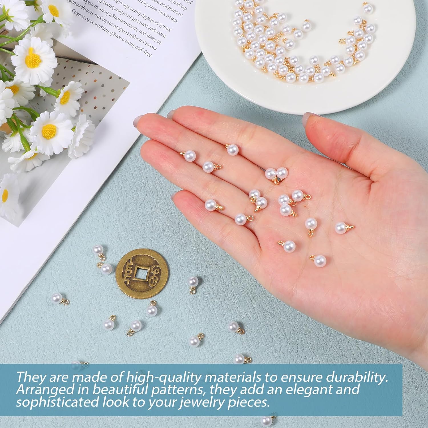 Vin Beauty Pearl Charms, 100 Pcs Pearl Charms for Jewelry Making, Pearls Beads Faux Pearls Pendant Charm DIY for Jewelry Making Bracelets Earrings Necklace Crafts