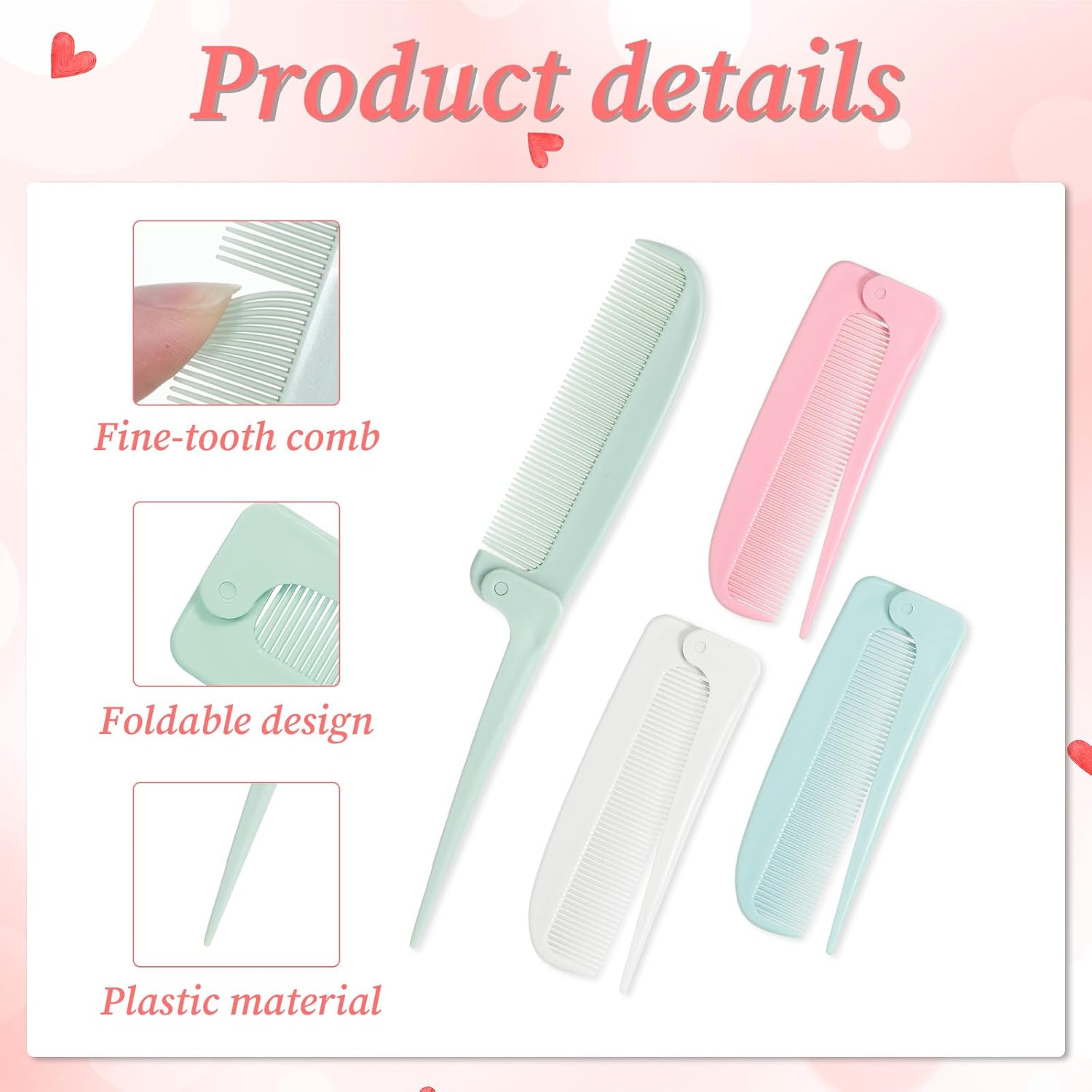 4 Pcs Rat Tail Folding Combs, Hair Parting Comb Travel Foldable Comb for Men & Women, Portable Small Mini Travel Styling Combs for Braids & Hair Styling