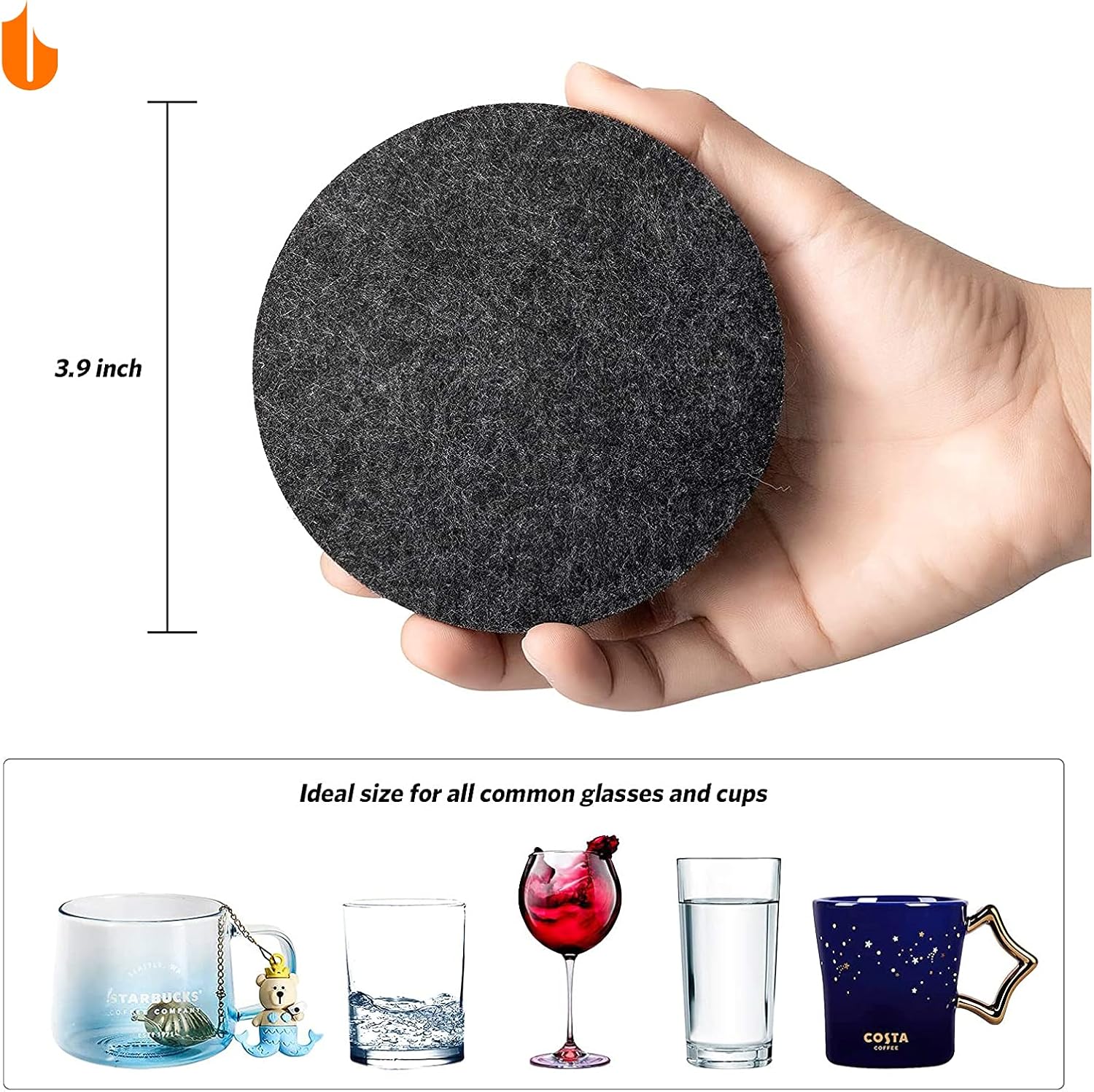 6 PCS Coasters, Eco-Friendly 100% Biodegradable Absorbent Felt Coasters for Drinks Bar Home, 4 Inch Black Round