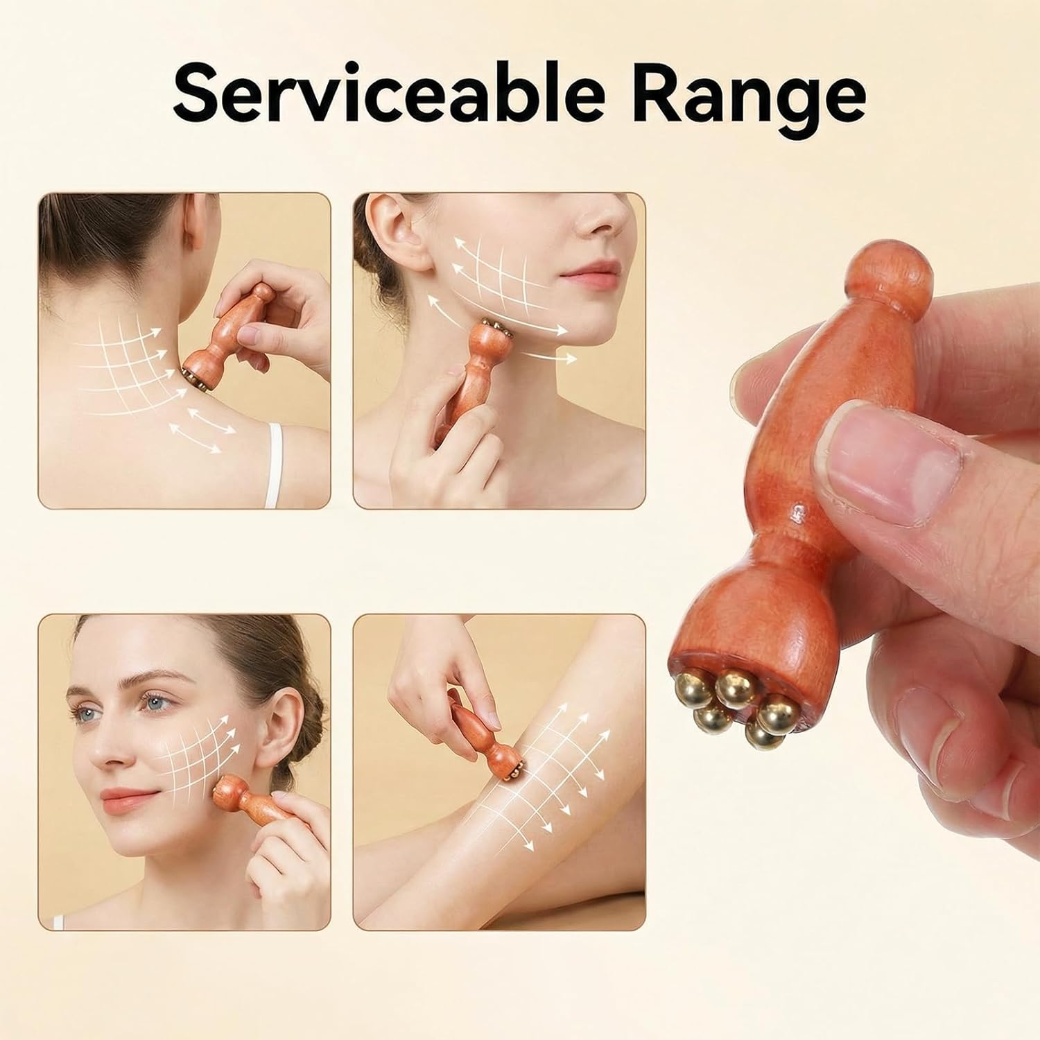 Mini Face Ice Roller, Sandalwood Facial Massage Tool, Eye Ice Roller 5 Copper Beads for Face and Eyes, Travel Size