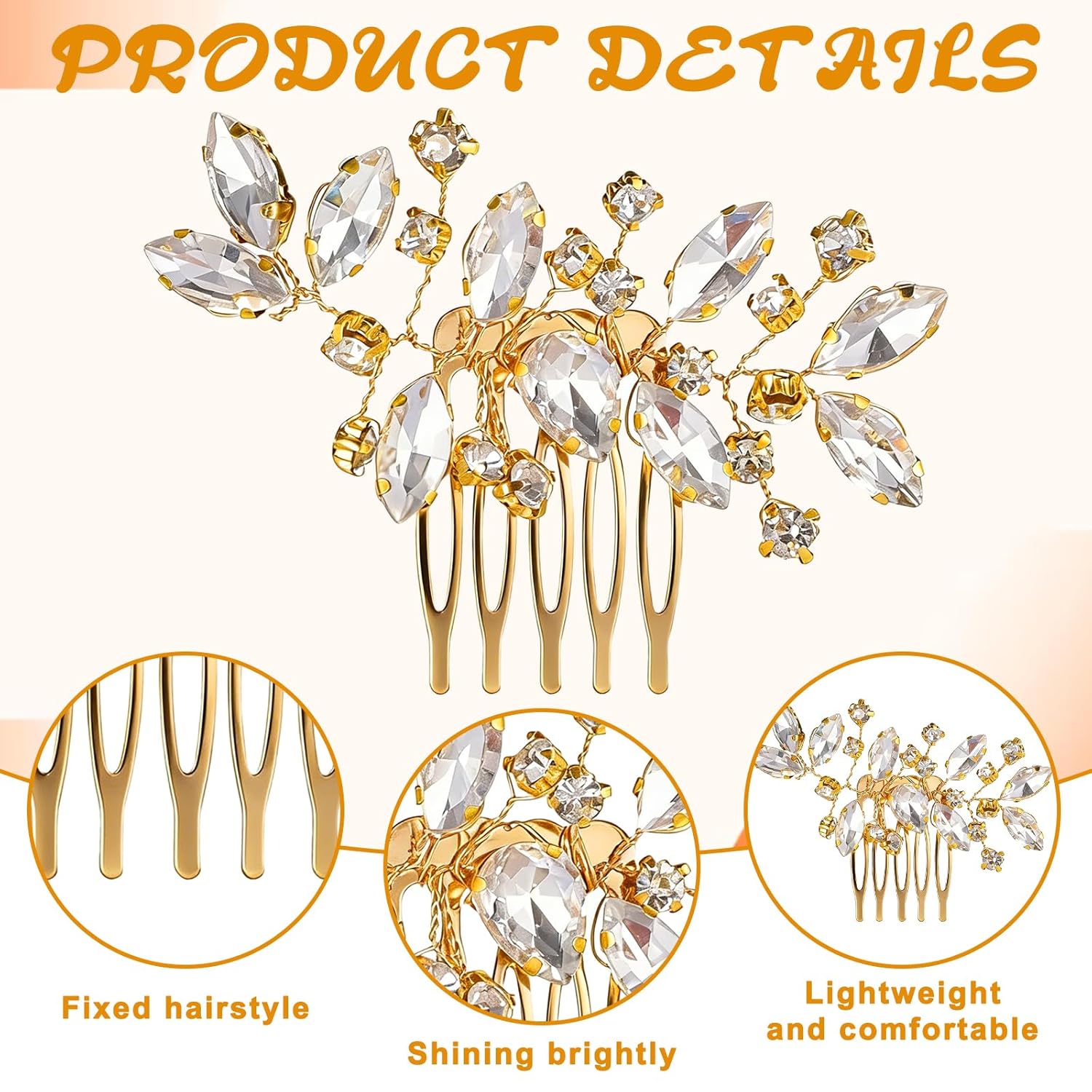 2 Pcs Bridal Hair Comb Gold Hair Piece Accessory Gold Rhinestone Hairs Accessories Golden Hairs Piece Sparkle Metal Crystal Accessories for Bride Bridesmaids Women Girls