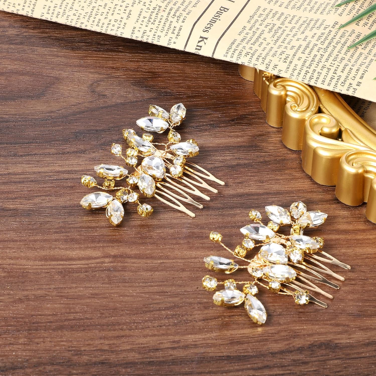 2 Pcs Bridal Hair Comb Gold Hair Piece Accessory Gold Rhinestone Hairs Accessories Golden Hairs Piece Sparkle Metal Crystal Accessories for Bride Bridesmaids Women Girls