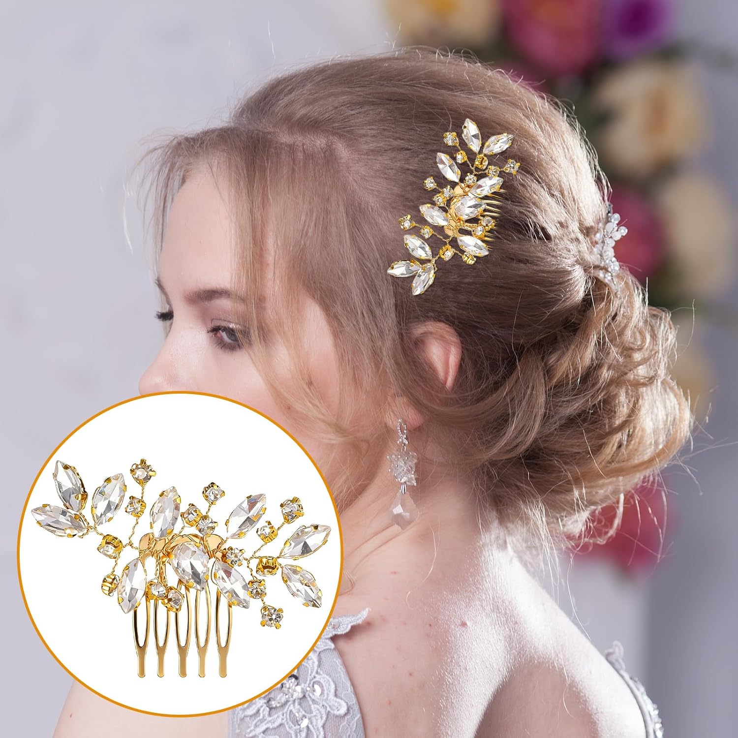 2 Pcs Bridal Hair Comb Gold Hair Piece Accessory Gold Rhinestone Hairs Accessories Golden Hairs Piece Sparkle Metal Crystal Accessories for Bride Bridesmaids Women Girls