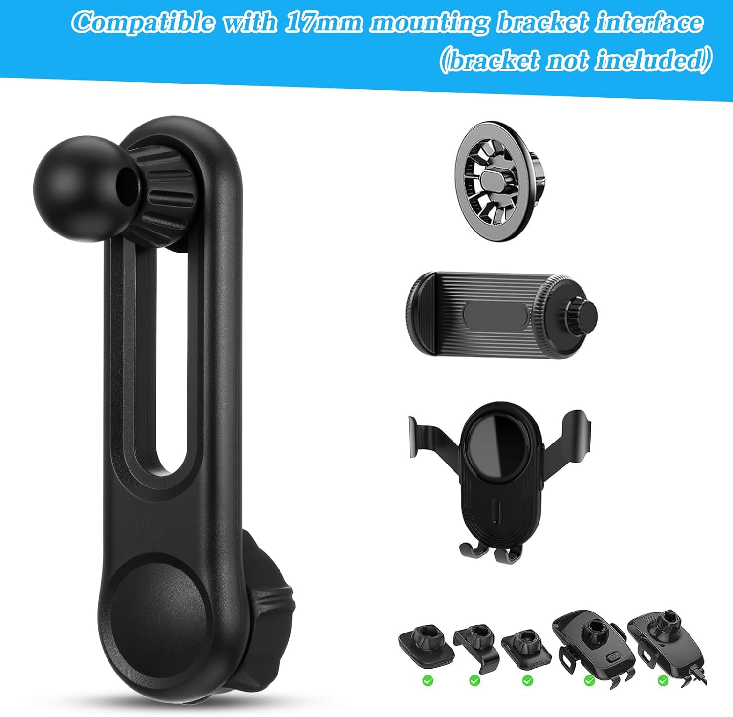 17mm Ball Mount Extension Arm, 360-Degree Rotatable Extender, 2.04 Inch Adjustable Length, Balls Mount Phone Extension Holder Arm 17mm Female to Male Ball Extender for Car Phone Holder, Black