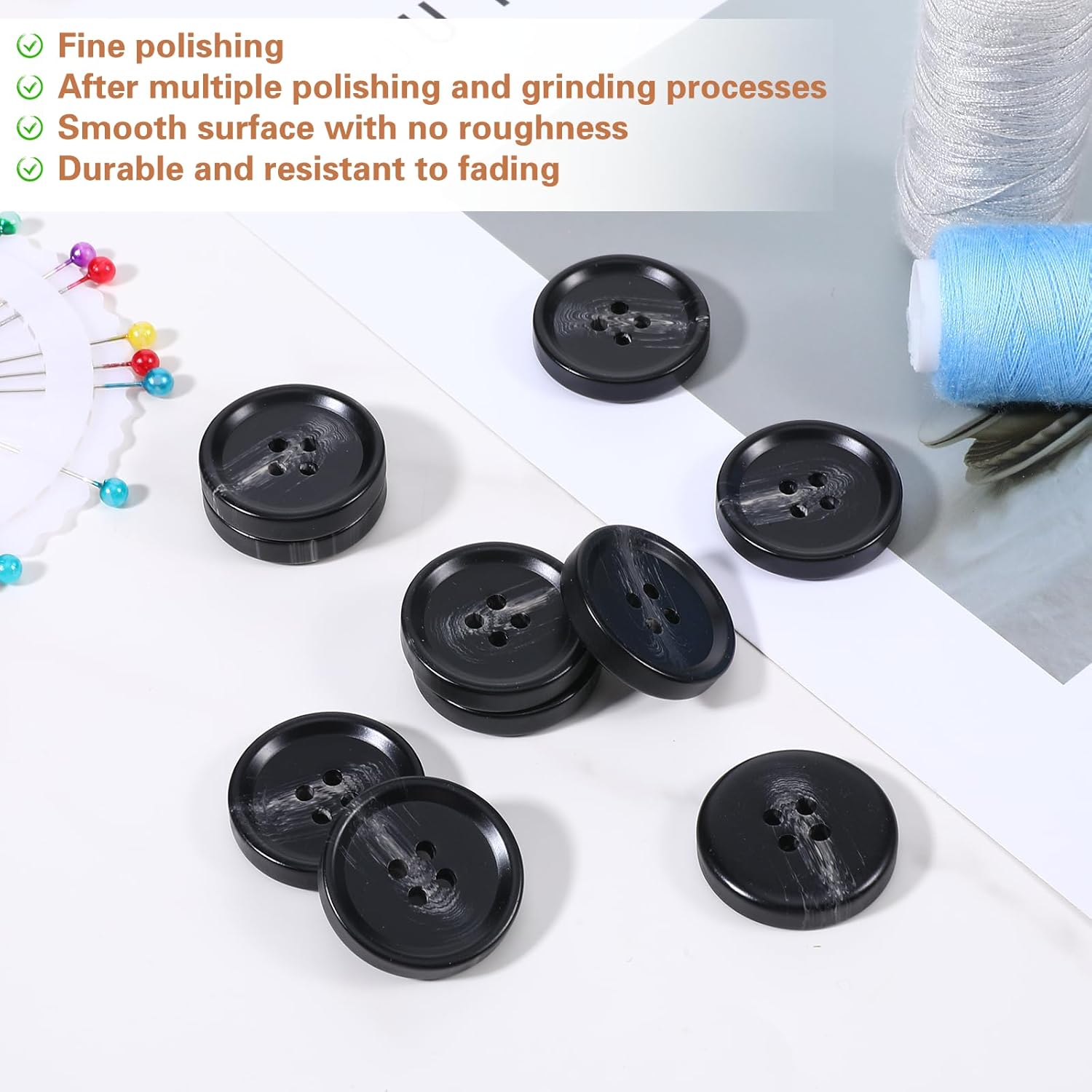 10 Pcs Large Black Buttons 1 Inch Black Buttons for Sewing 4 Hole Flatback 25mm Big Round Resin Coat Button for Crafts, Clothing, Suits, Overcoats, Winter Coats, Jacket, Sewing DIY Art Craft Projects