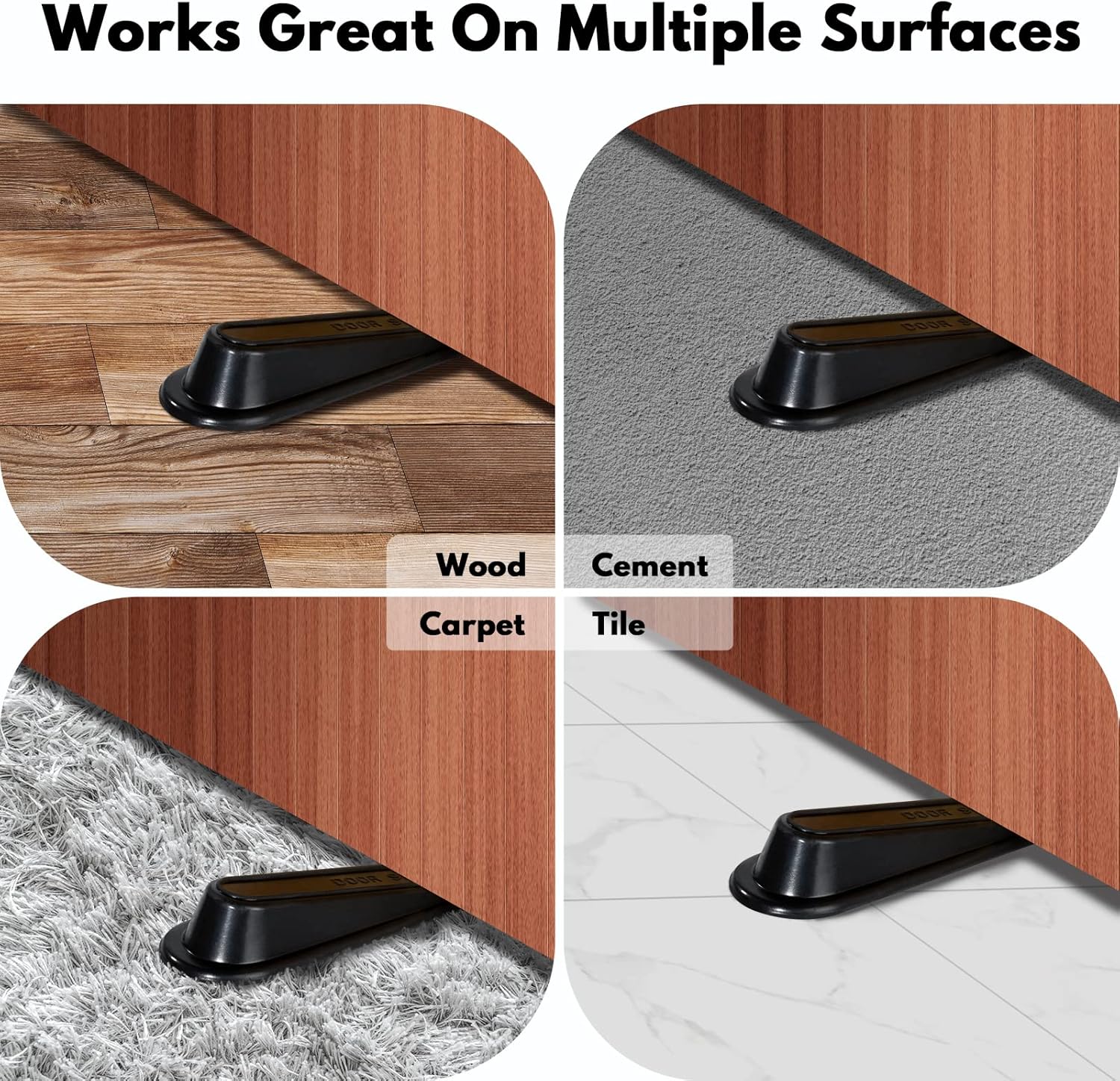 Heavy Duty Rubber Door Stopper Wedge Sturdy and Stackable Door Stop, Multi Surface Design, Fit for Gaps up to 1.2 Inches, 4 Pack, Black