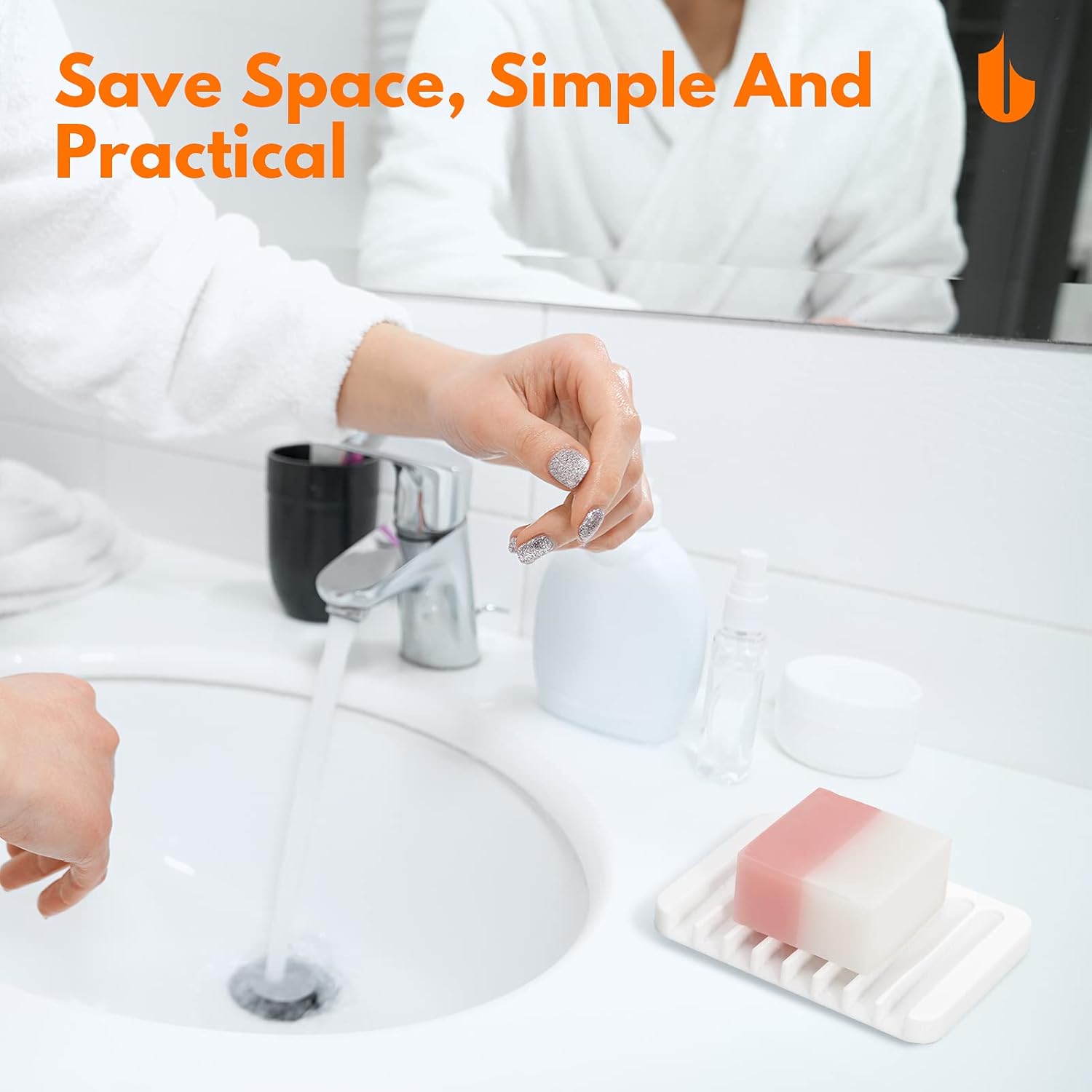 Soap Dish Shower Waterfall Soap Tray Holder for Bathroom, Kitchen, Counter Top, Flexible Silicone, Keep Soap Bars Dry, Easy Cleaning - White