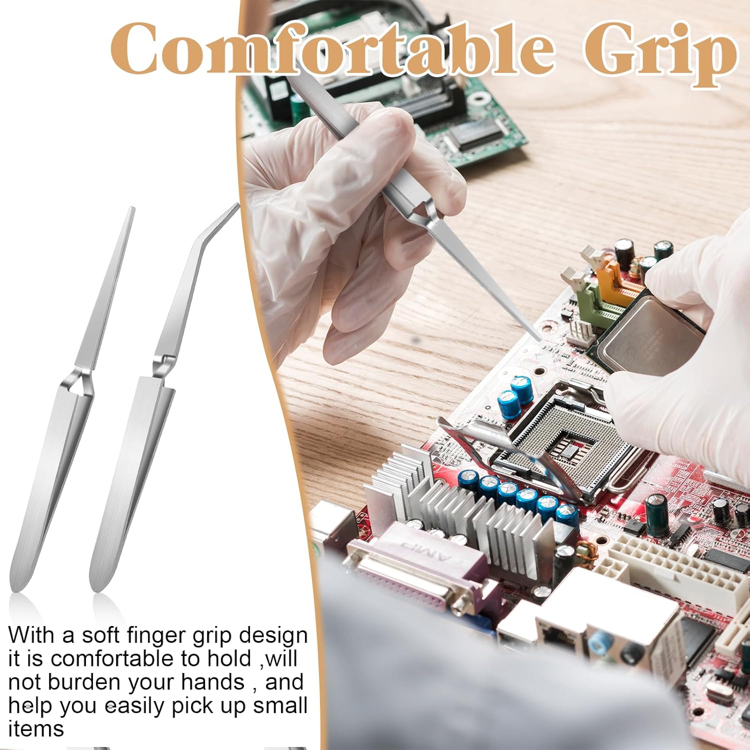 Reverse Tweezers for Crafting, 2 Pcs Rubber Tipped Tweezers Electronics Tweezer Stainless Steel Bent and Straight Flat Tip Cross Locking Precision Tweezer Set for Crafts Jewelry Beads Coins Electronic