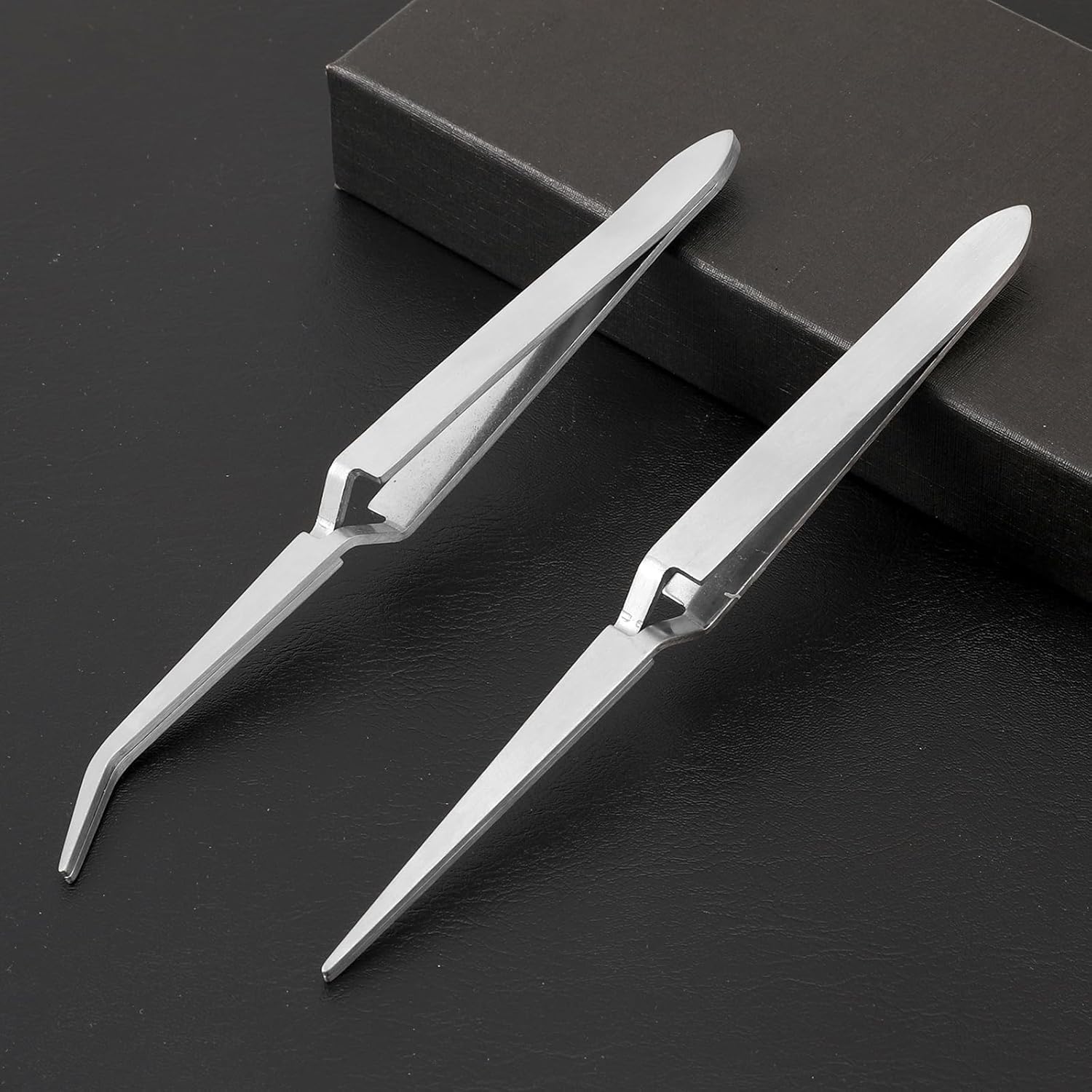 Reverse Tweezers for Crafting, 2 Pcs Rubber Tipped Tweezers Electronics Tweezer Stainless Steel Bent and Straight Flat Tip Cross Locking Precision Tweezer Set for Crafts Jewelry Beads Coins Electronic