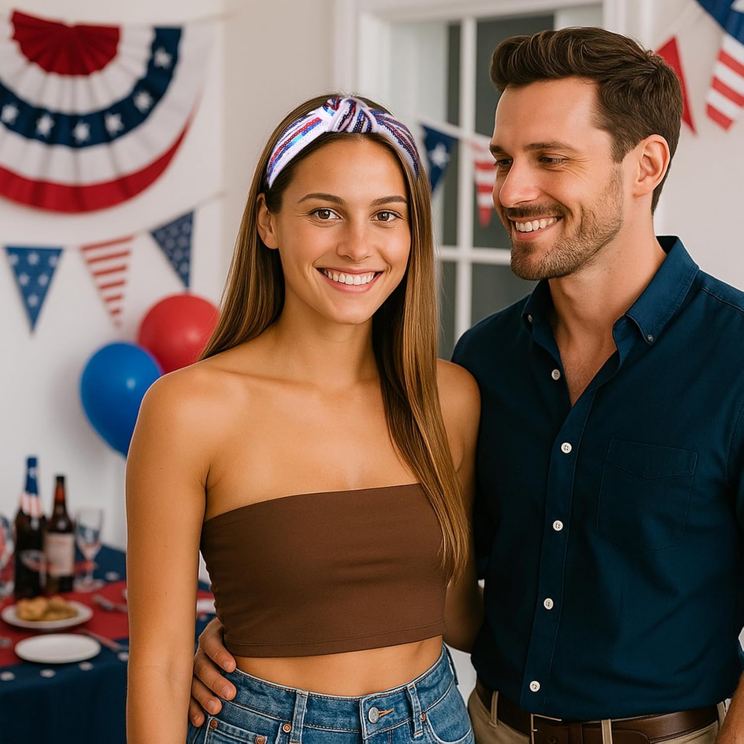 Kvekstio 4th of July Patriotic Headband for Women, Red White Blue American Flag Sequin Knotted Head Band Memorial Day Celebration Gift, Independence Day Festival Party USA Costume Hair Accessories