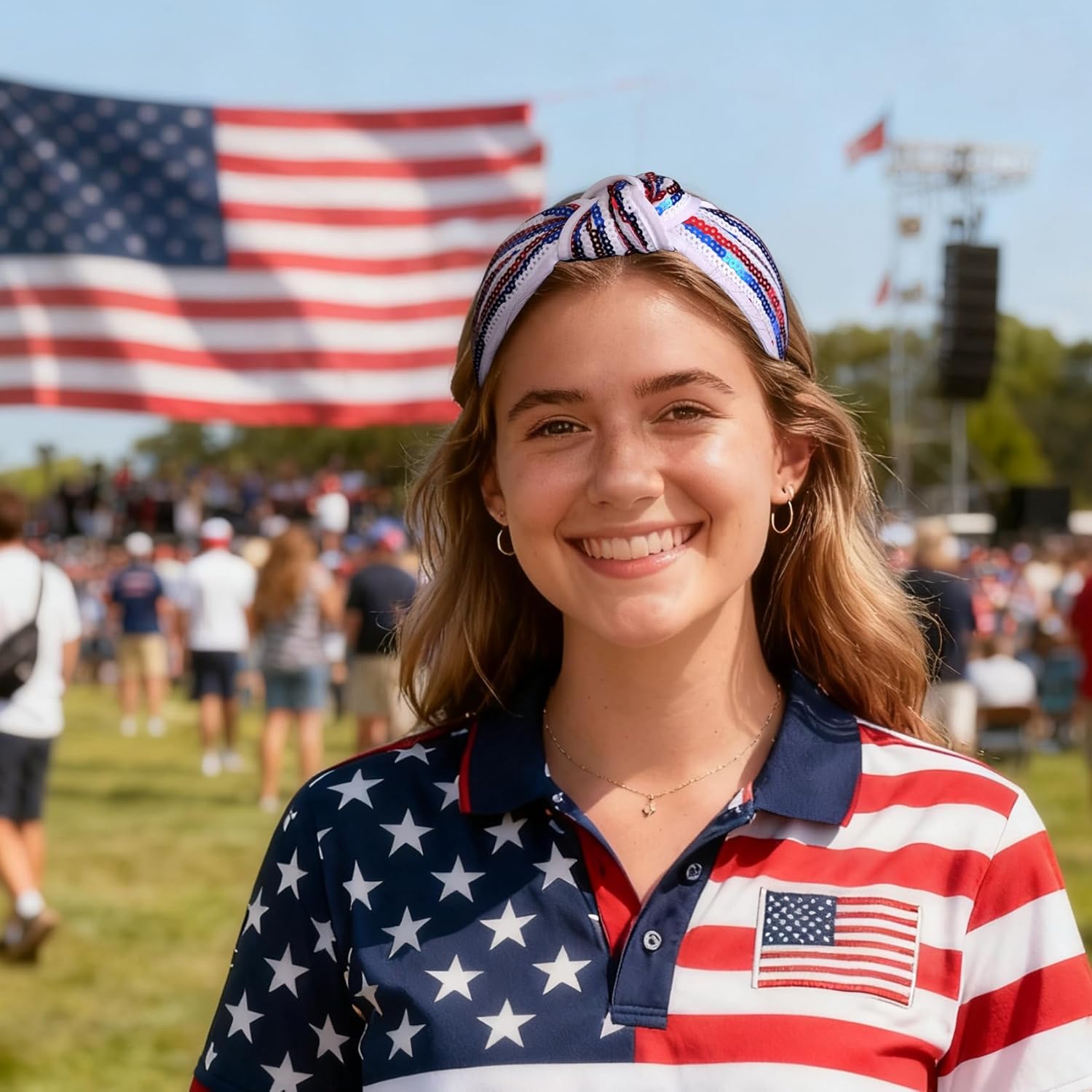 Kvekstio 4th of July Patriotic Headband for Women, Red White Blue American Flag Sequin Knotted Head Band Memorial Day Celebration Gift, Independence Day Festival Party USA Costume Hair Accessories