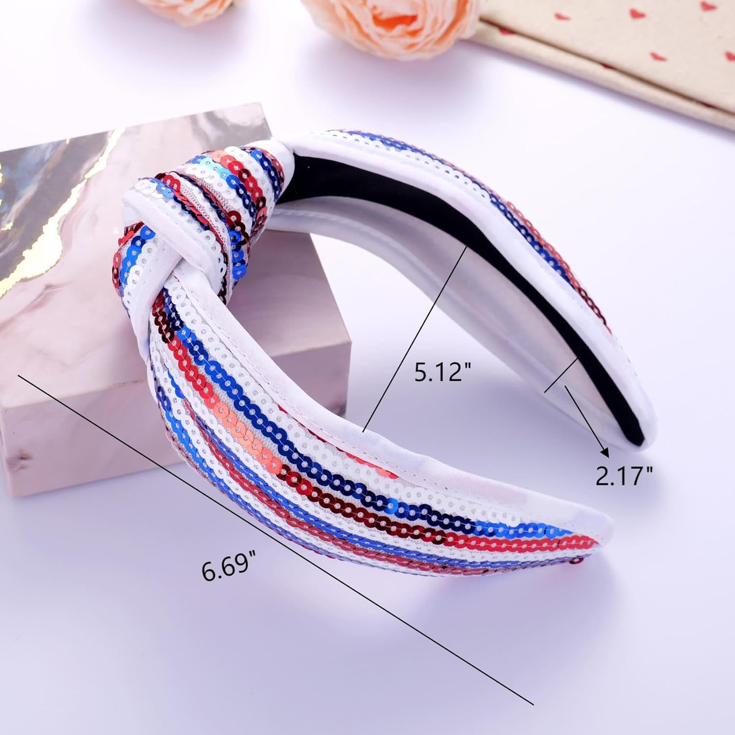 Kvekstio 4th of July Patriotic Headband for Women, Red White Blue American Flag Sequin Knotted Head Band Memorial Day Celebration Gift, Independence Day Festival Party USA Costume Hair Accessories