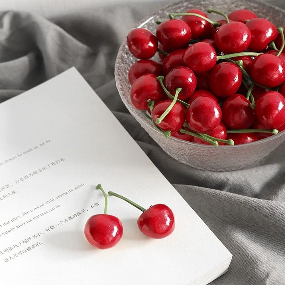 20Pcs Red Artificial Cherries, Realistic/Lifelike Fruit Cherry Ornament, Home Kitchen Party Decoration & Photography Prop, Plastic, 1x1x0.2 inches