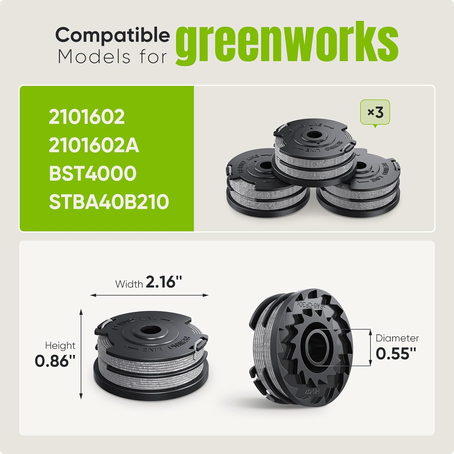 Weed Wacker String Compatible with Greenworks, Dual String Trimmer Replacement Spool for Greenworks Weed Eater String Trimmers 3 Pack