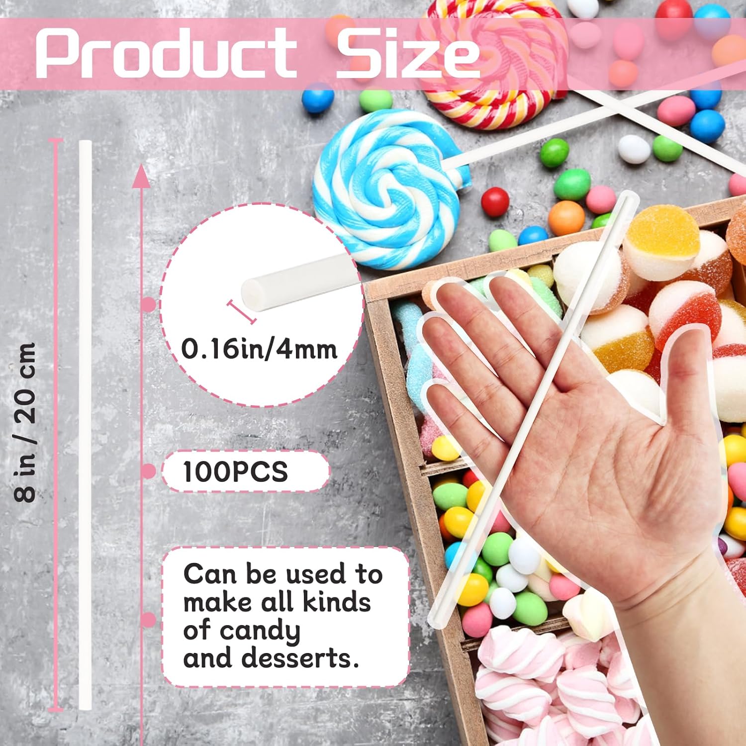 100 Pack 8 Inch White Lollipop Sticks,Long Paper Treat Sticks,White Paper Cake Pop Stick for Homemade Candy,Cupcake Toppers,Chocolate,Dessert Dia 4mm