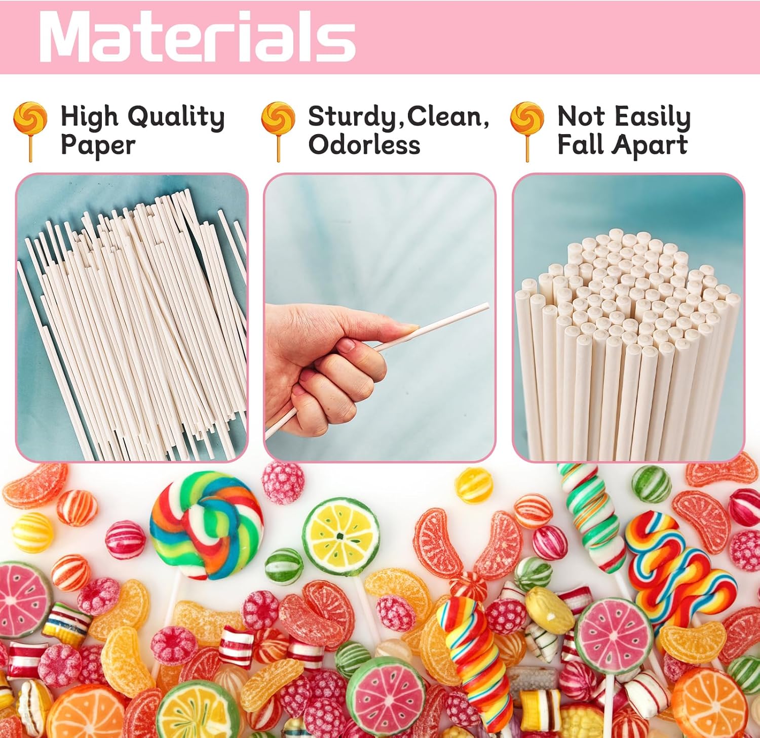 100 Pack 8 Inch White Lollipop Sticks,Long Paper Treat Sticks,White Paper Cake Pop Stick for Homemade Candy,Cupcake Toppers,Chocolate,Dessert Dia 4mm