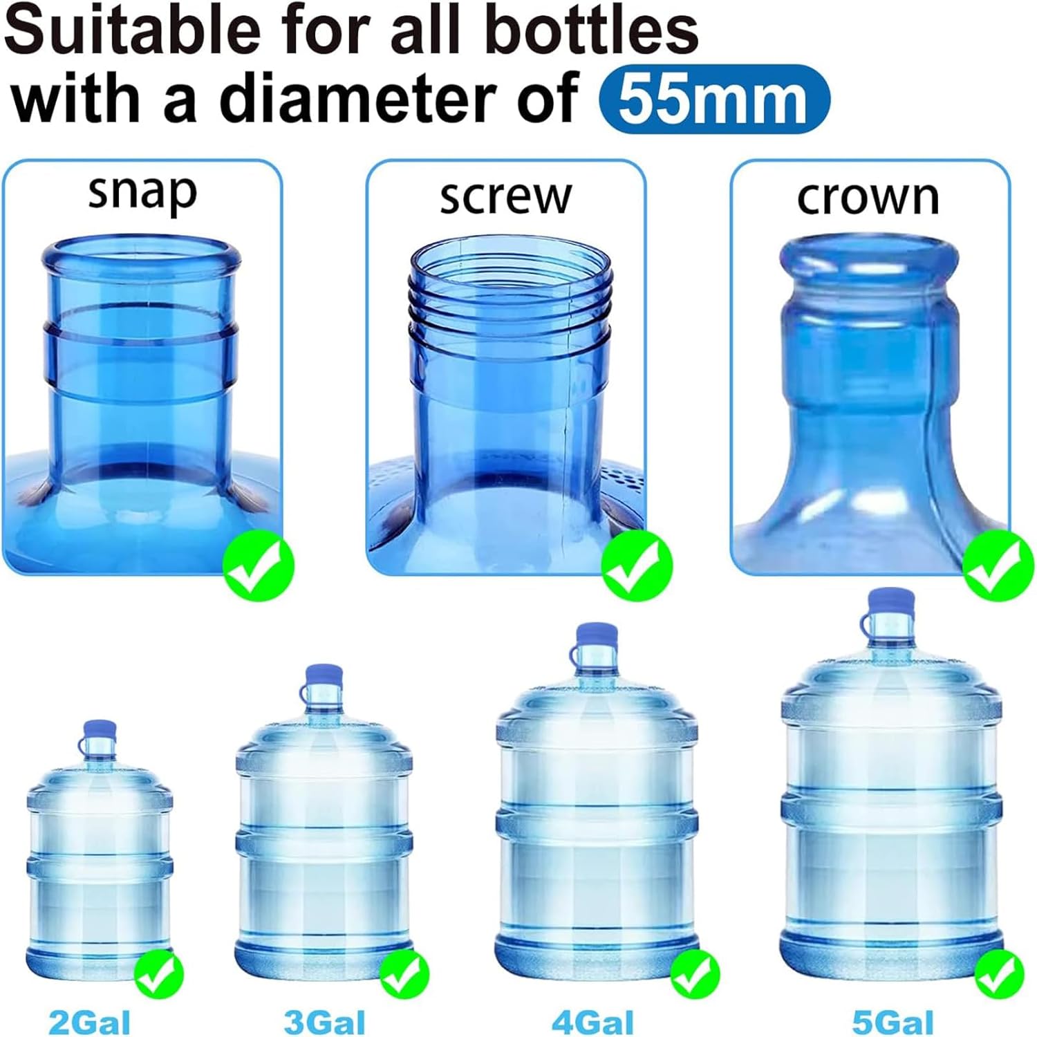 3 & 5 Gallon Water Jug Cap Reusable, Food Grade Silicone Replacement Gallon Caps for 55mm Standard/Screw/Crown Tops Water Bottle and Water Dispensers, Non-Spill Lids for Anti-Splash, Leak Free 3PCS
