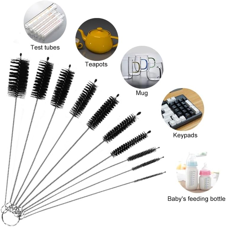 Straw Cleaner Brush Set, Shower Head Cleaner Tool, Nylon Pipe Tube Cleaner 8-inch 10 Different Diameters Set for Tumbler, Water Bottle, Sippy Cup, Sinks and Hummingbird Feeders