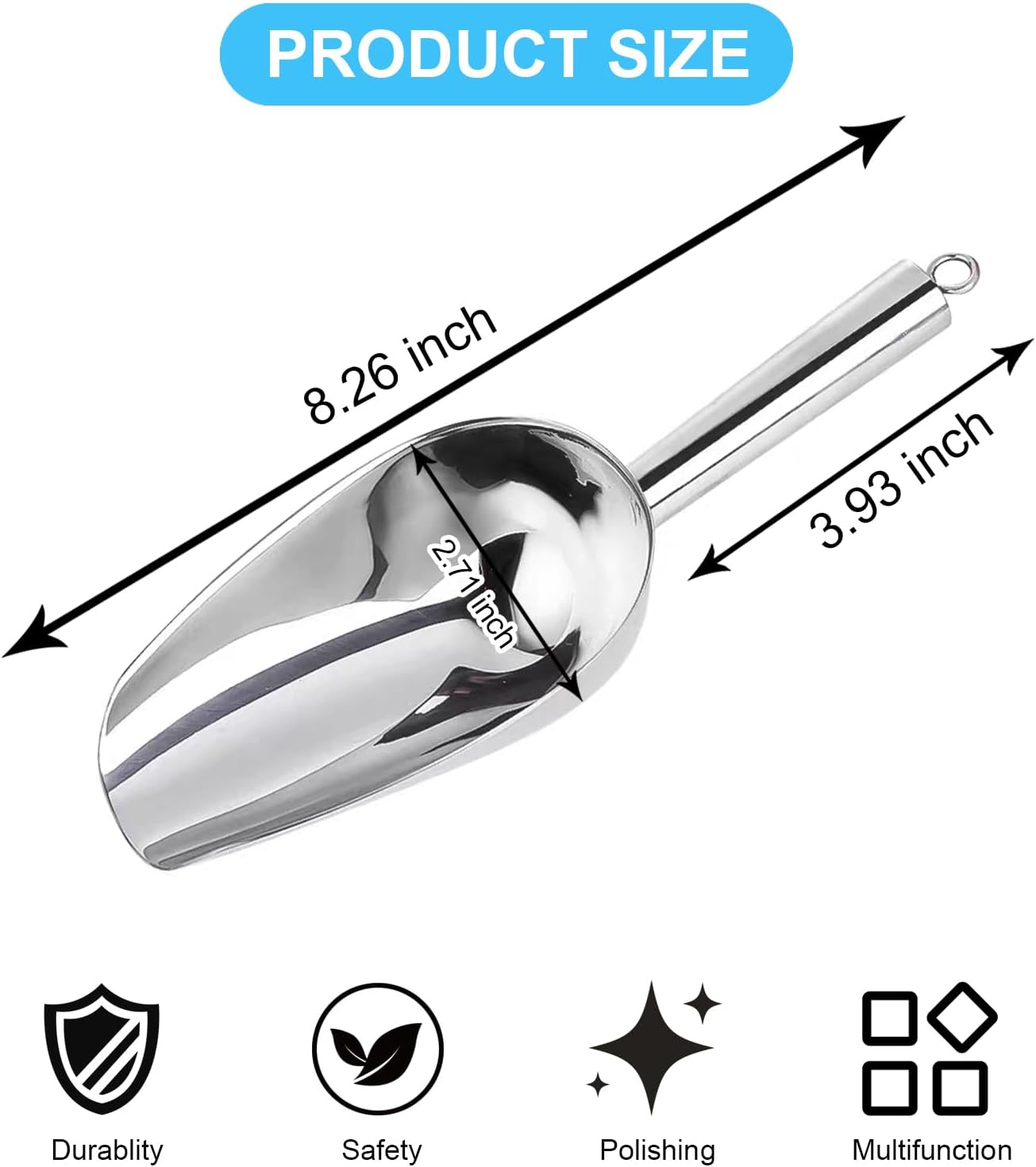 6oz Metal Ice Scoop, Kitchen Ice Scooper for Ice Maker s and Freezer, Stainless Steel Small Ice Scooper for Bar Party Wedding Pet Dog Food, Silver