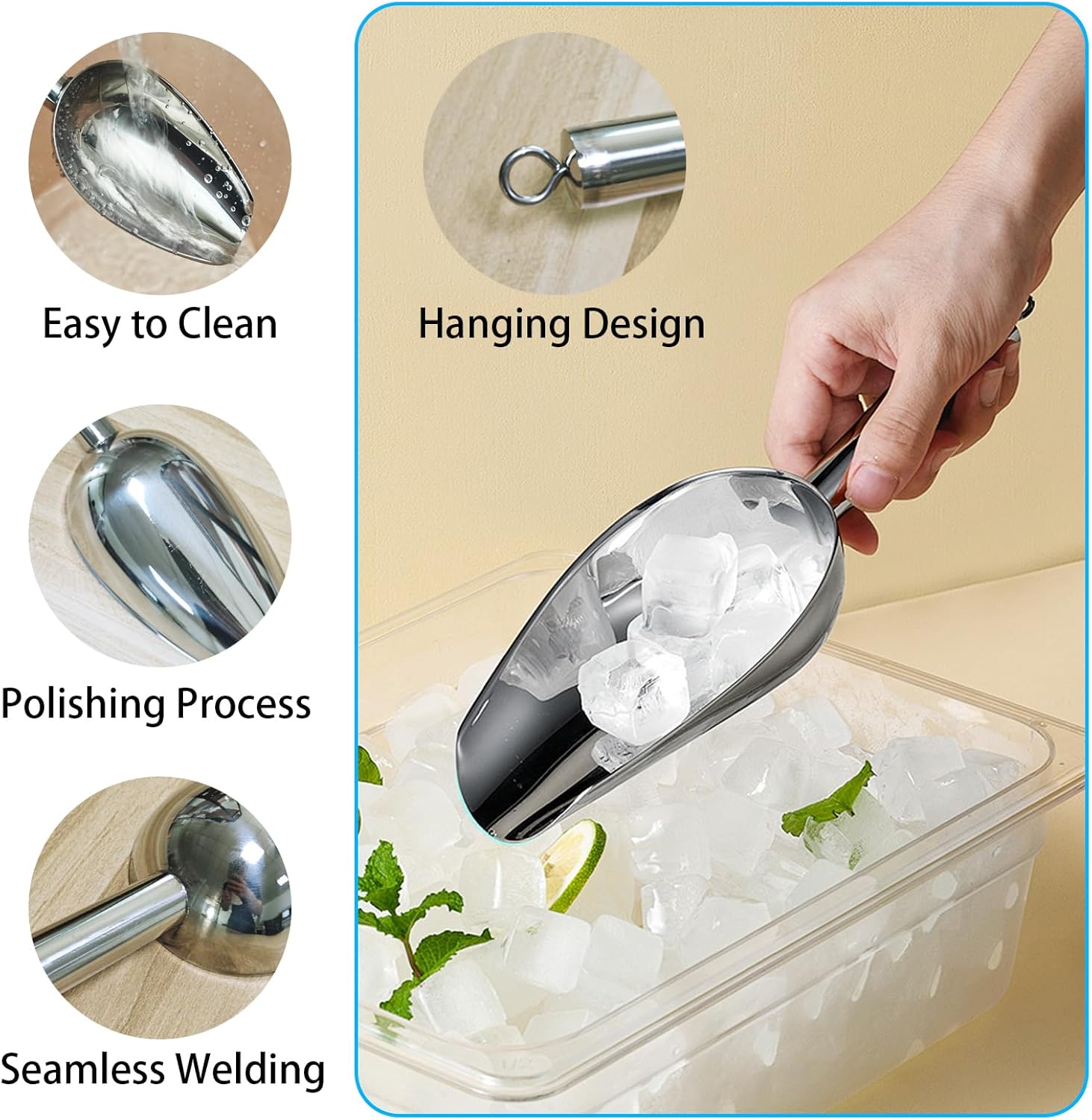 6oz Metal Ice Scoop, Kitchen Ice Scooper for Ice Maker s and Freezer, Stainless Steel Small Ice Scooper for Bar Party Wedding Pet Dog Food, Silver