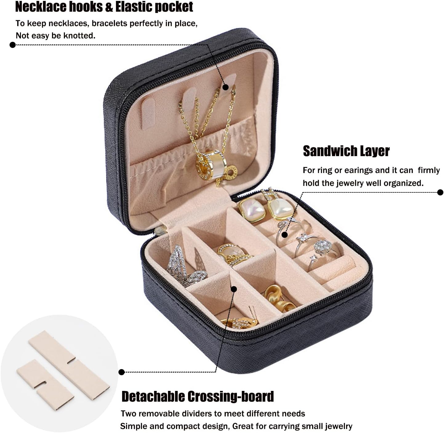 MODENGKGJIAN Mini Jewelry Travel Case, PU Leather Travel Jewelry Organizer Box, Small Portable Portable Jewellery Storage Holder for Womens Rings Earrings Necklaces Bracelets Black