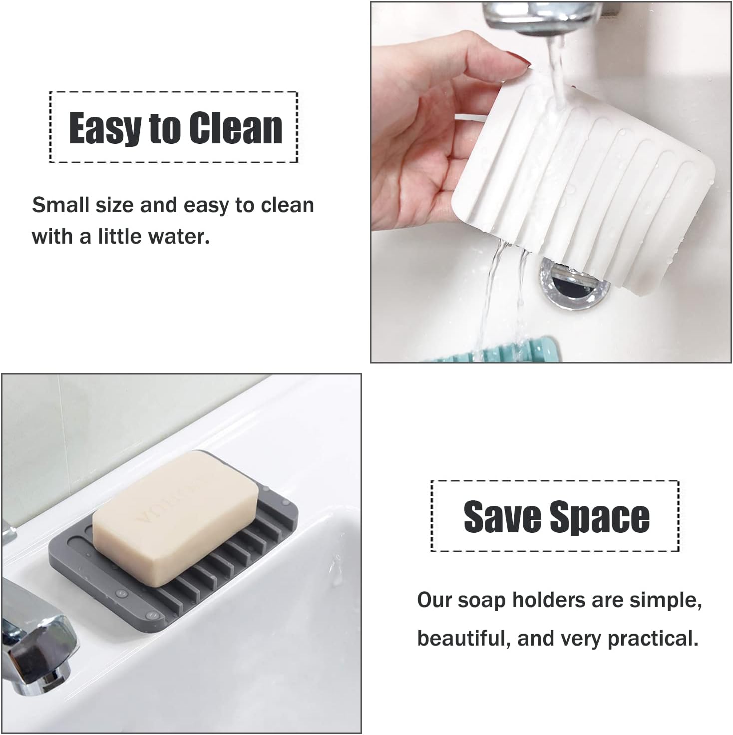 Self Draining Soap Dishes, 3 Pcs Silice Soap Saver, Waterfall Drainer Soap Holder for Bathroom, Extend Soap Life, Keep Soap Bars Dry Clean & Easy Cleaning White, Gray, Teal