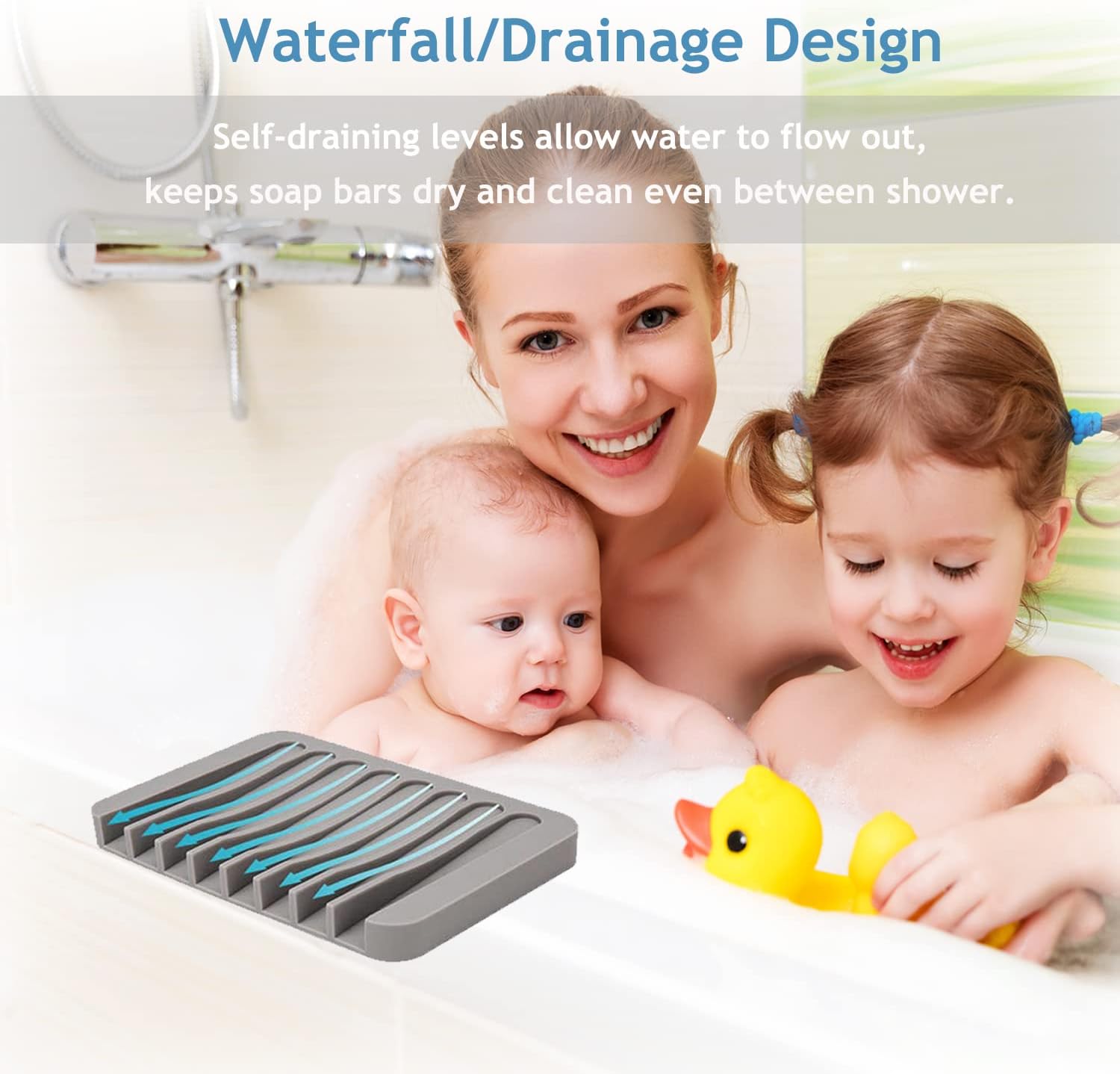 Self Draining Soap Dishes, 3 Pcs Silice Soap Saver, Waterfall Drainer Soap Holder for Bathroom, Extend Soap Life, Keep Soap Bars Dry Clean & Easy Cleaning White, Gray, Teal