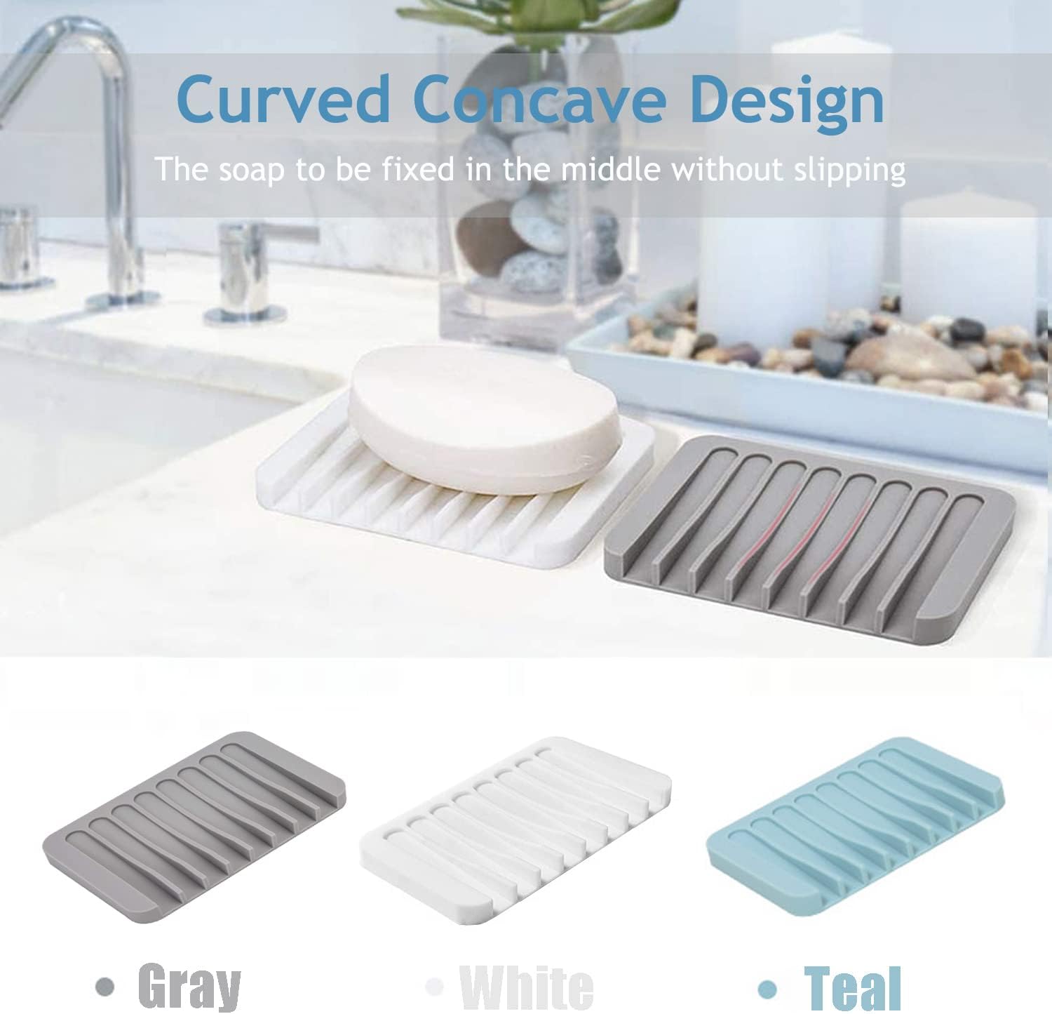 Self Draining Soap Dishes, 3 Pcs Silice Soap Saver, Waterfall Drainer Soap Holder for Bathroom, Extend Soap Life, Keep Soap Bars Dry Clean & Easy Cleaning White, Gray, Teal