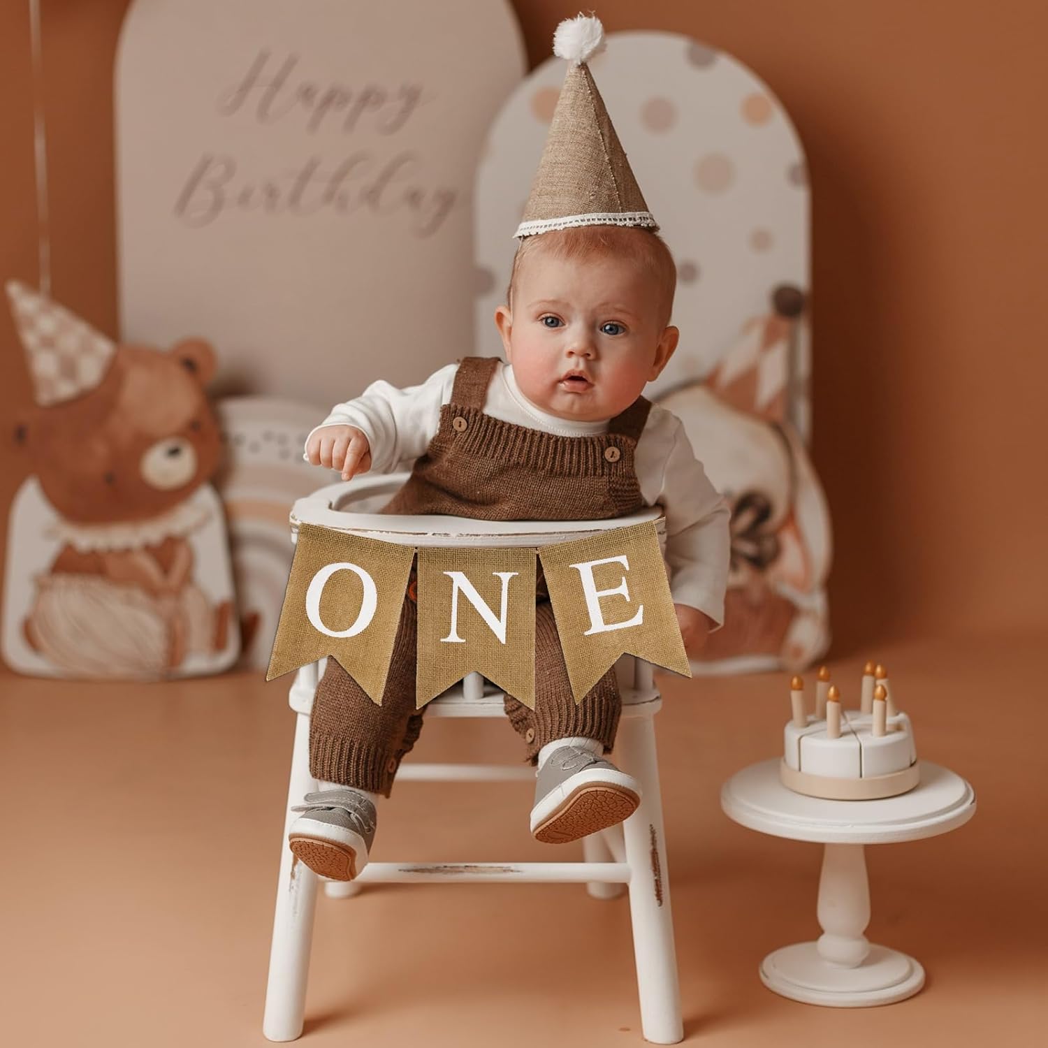 Burlap One Banner - NO DIY One Highchair Banner First Birthday Boy Girl Banner Sign Decoration 1st Happy Birthday High Chair Banners for Babies Photo Prop Party Decoration Indoor Outdoor