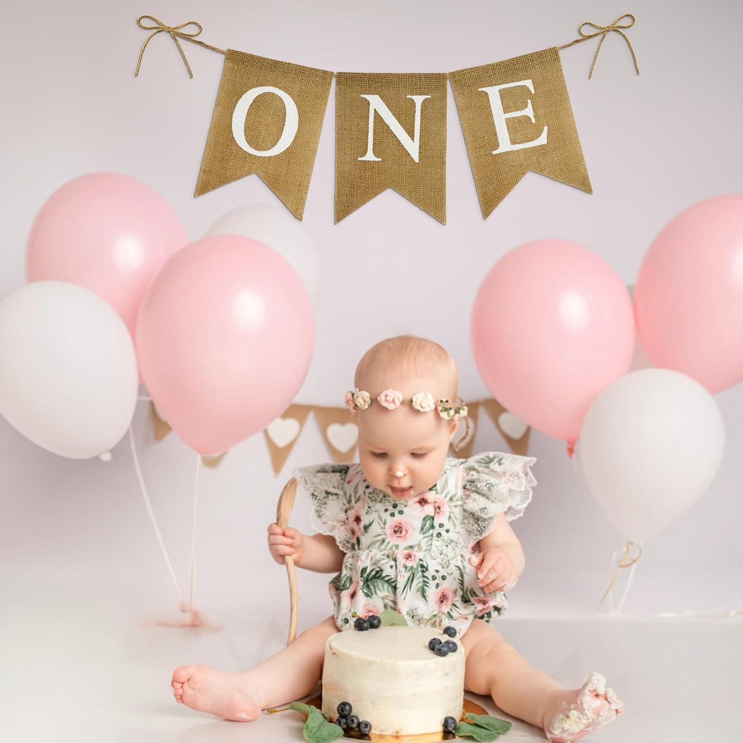 Burlap One Banner - NO DIY One Highchair Banner First Birthday Boy Girl Banner Sign Decoration 1st Happy Birthday High Chair Banners for Babies Photo Prop Party Decoration Indoor Outdoor