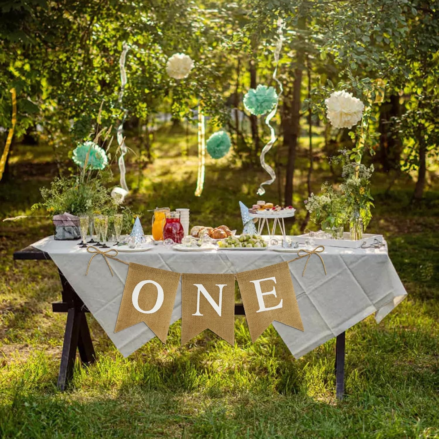 Burlap One Banner - NO DIY One Highchair Banner First Birthday Boy Girl Banner Sign Decoration 1st Happy Birthday High Chair Banners for Babies Photo Prop Party Decoration Indoor Outdoor