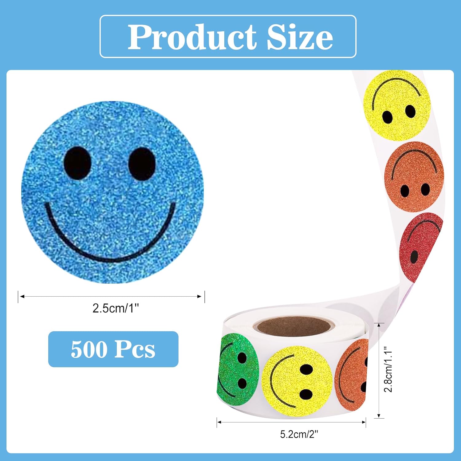 Smiley Face Stickers - Happy Face Stickers 500Pcs 1Inch Glitter Smiley Sticker Roll Cute Reward Sticker for Kids Classroom Self Adhesive Positive Incentive Labels for Teacher Behavior Chart