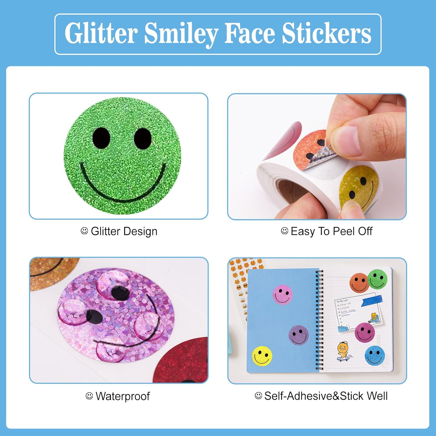 Smiley Face Stickers - Happy Face Stickers 500Pcs 1Inch Glitter Smiley Sticker Roll Cute Reward Sticker for Kids Classroom Self Adhesive Positive Incentive Labels for Teacher Behavior Chart