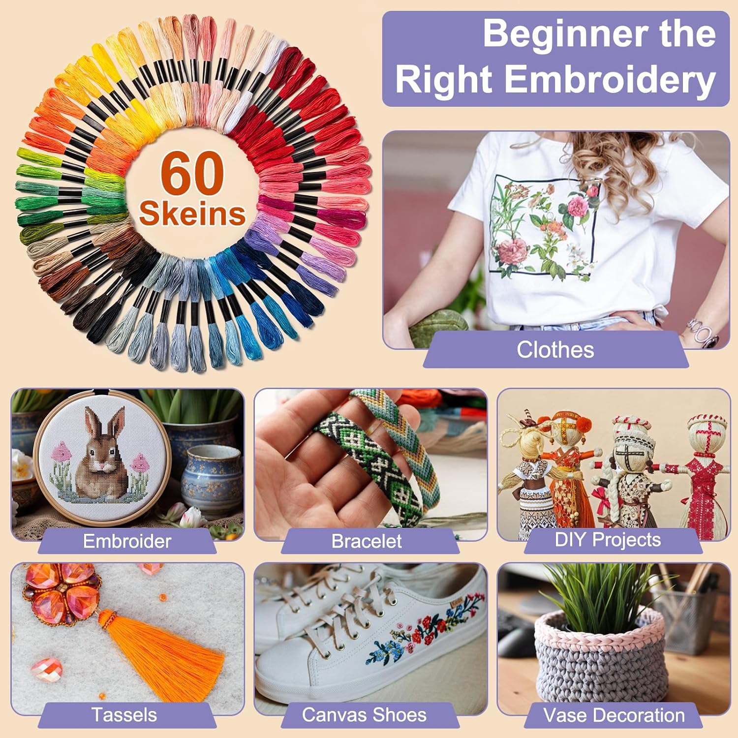 Friendship Bracelet String, 60 Skeins Cross Stitch Thread, 344.5 Inch Cotton Embroidery Floss, Hand Embroidery Thread for DIY Sewing and Embroidery Crafts Making