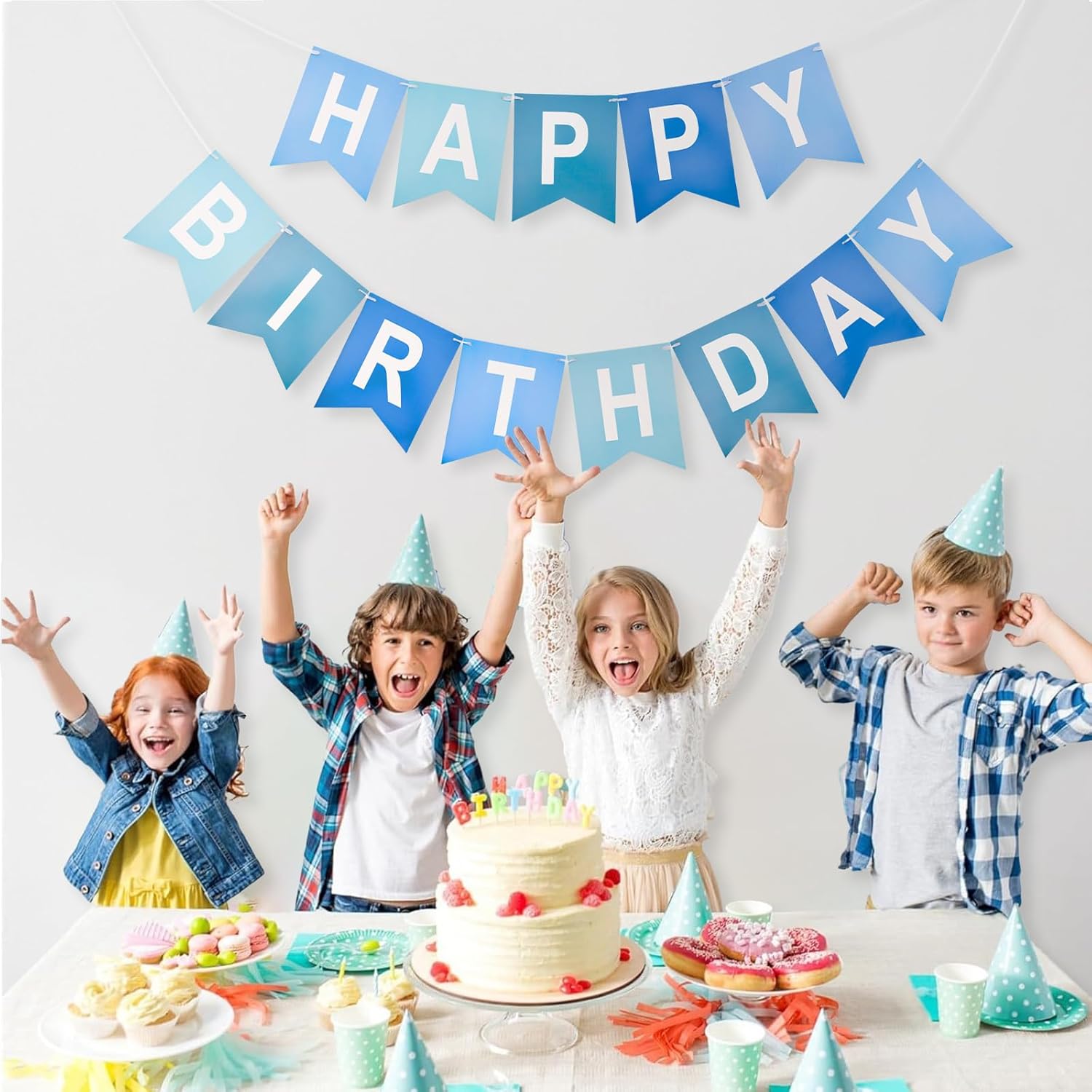 Happy Birthday Banner Large - NO DIY Blue Happy Birthdays Banner Sign Happy Birthday Party Paper Hang Decoration Happy Birthdays Banners Bunting for Men Boy Sea Theme Celebration Party Backdrop