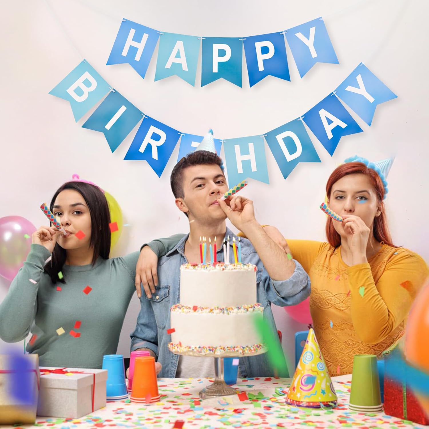 Happy Birthday Banner Large - NO DIY Blue Happy Birthdays Banner Sign Happy Birthday Party Paper Hang Decoration Happy Birthdays Banners Bunting for Men Boy Sea Theme Celebration Party Backdrop