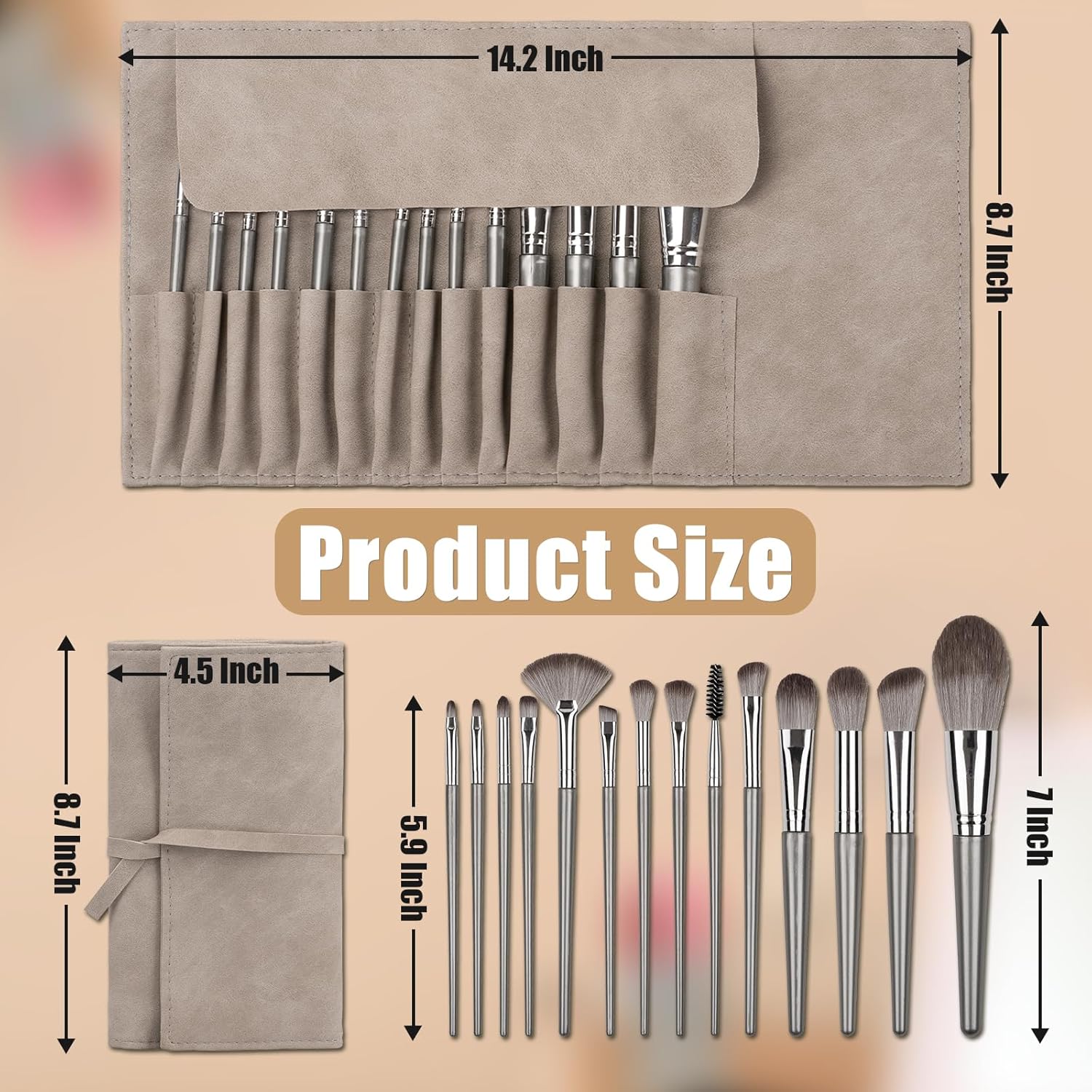 Makeup Brushes, 14 Pcs Professional Makeup Brush Set, Eye and Face Foundation Brush Set, Eyeshadow Brushes, Cosmetic Brushes, with PU Bag, Grayish