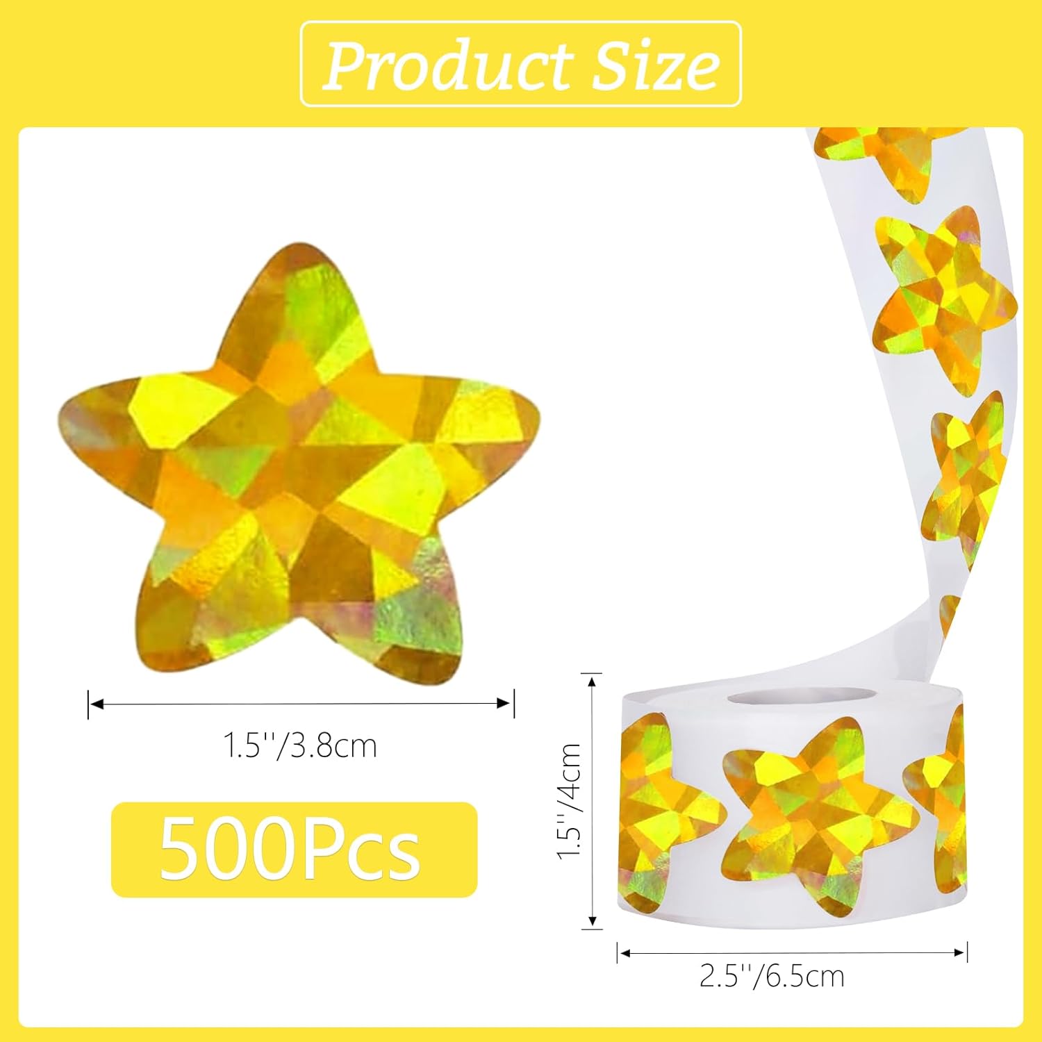 Holographic Gold Star Stickers for Kids Reward - 500Pcs 1.5Inch Shiny Self-Adhesive Metallic Glitter Foil Stickers for DIY, Homework, School, Classroom, Teacher Supply