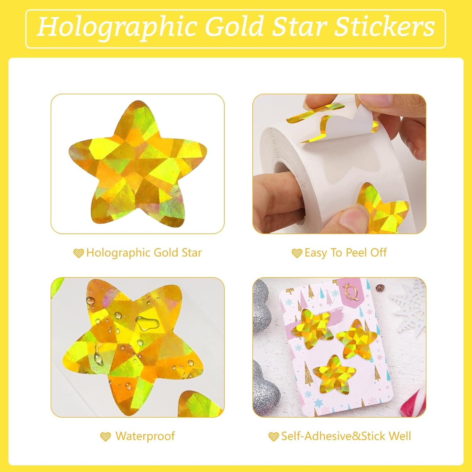Holographic Gold Star Stickers for Kids Reward - 500Pcs 1.5Inch Shiny Self-Adhesive Metallic Glitter Foil Stickers for DIY, Homework, School, Classroom, Teacher Supply