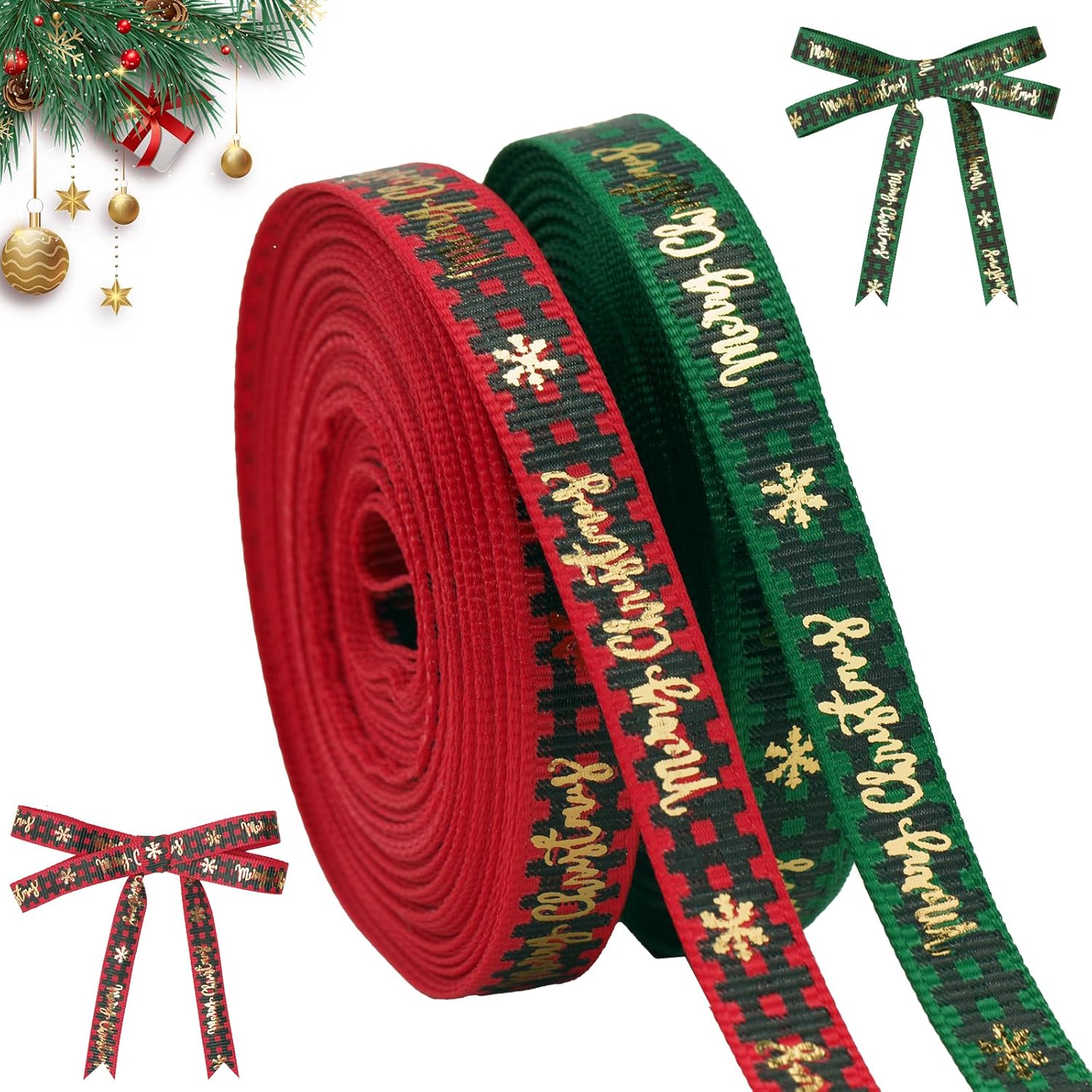 Christmas Ribbon, 3/8 Inch, 20 Yard, Red and Green Merry Wrapping Ribbon for Craft Wreath Decor Bow Flower Bouquet 2 Roll