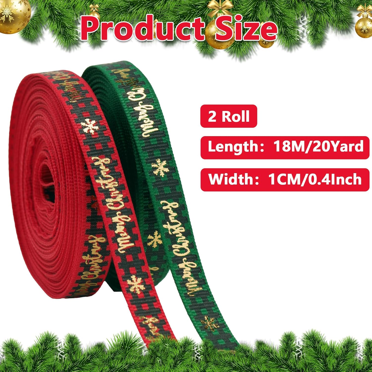 Christmas Ribbon, 3/8 Inch, 20 Yard, Red and Green Merry Wrapping Ribbon for Craft Wreath Decor Bow Flower Bouquet 2 Roll