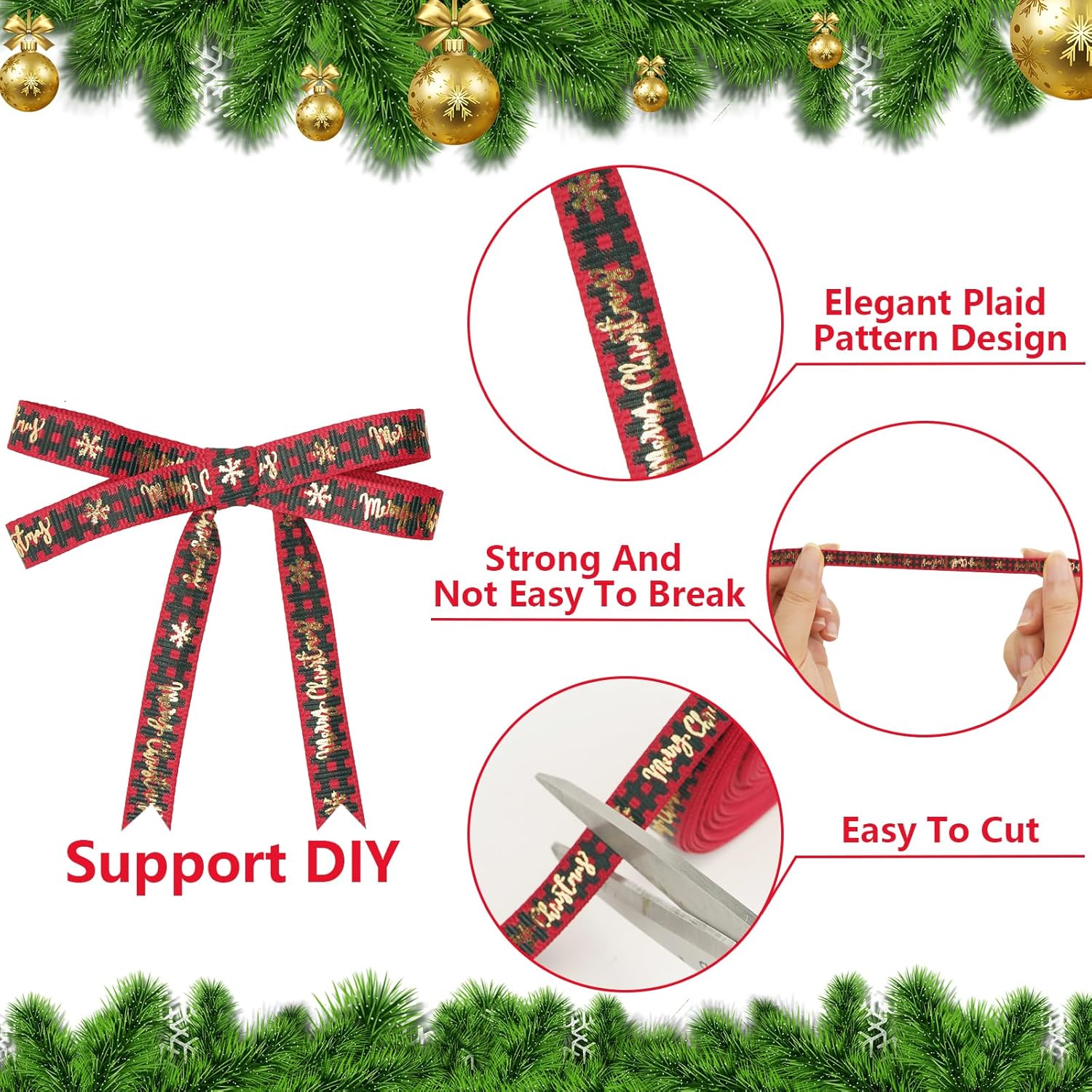 Christmas Ribbon, 3/8 Inch, 20 Yard, Red and Green Merry Wrapping Ribbon for Craft Wreath Decor Bow Flower Bouquet 2 Roll