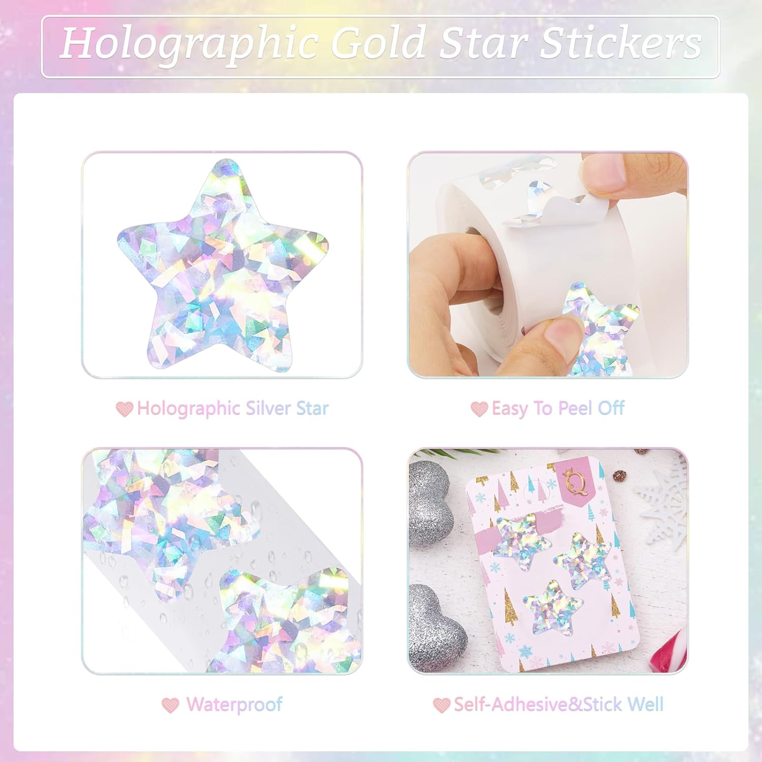 Holographic Silver Star Stickers for Kids Reward - 500Pcs 1.5Inch Shiny Self-Adhesive Metallic Glitter Foil Stickers for DIY Homework School Classroom Teacher